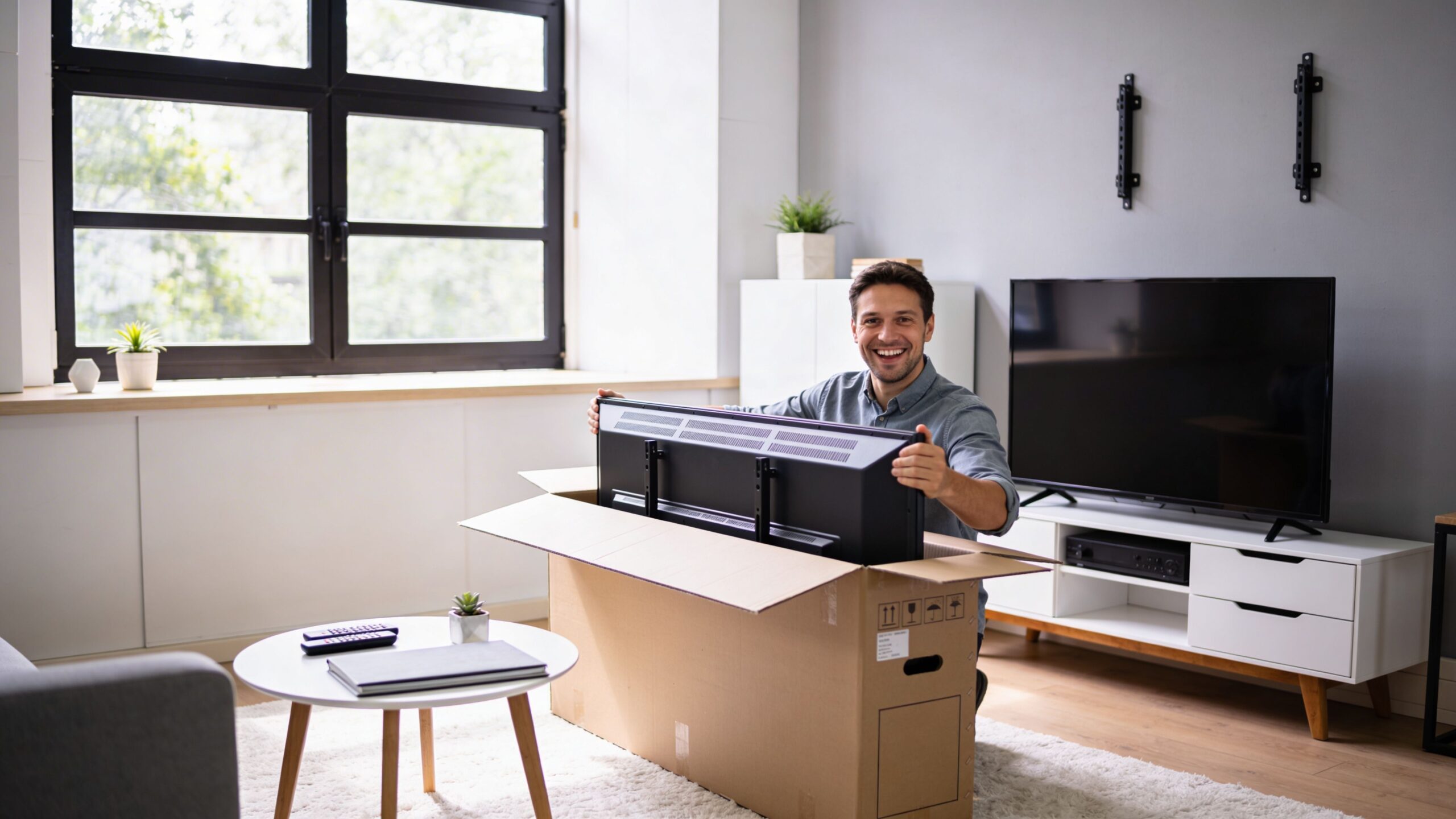 A happy man smiling while unboxing a new flat screen television in his modern living room.