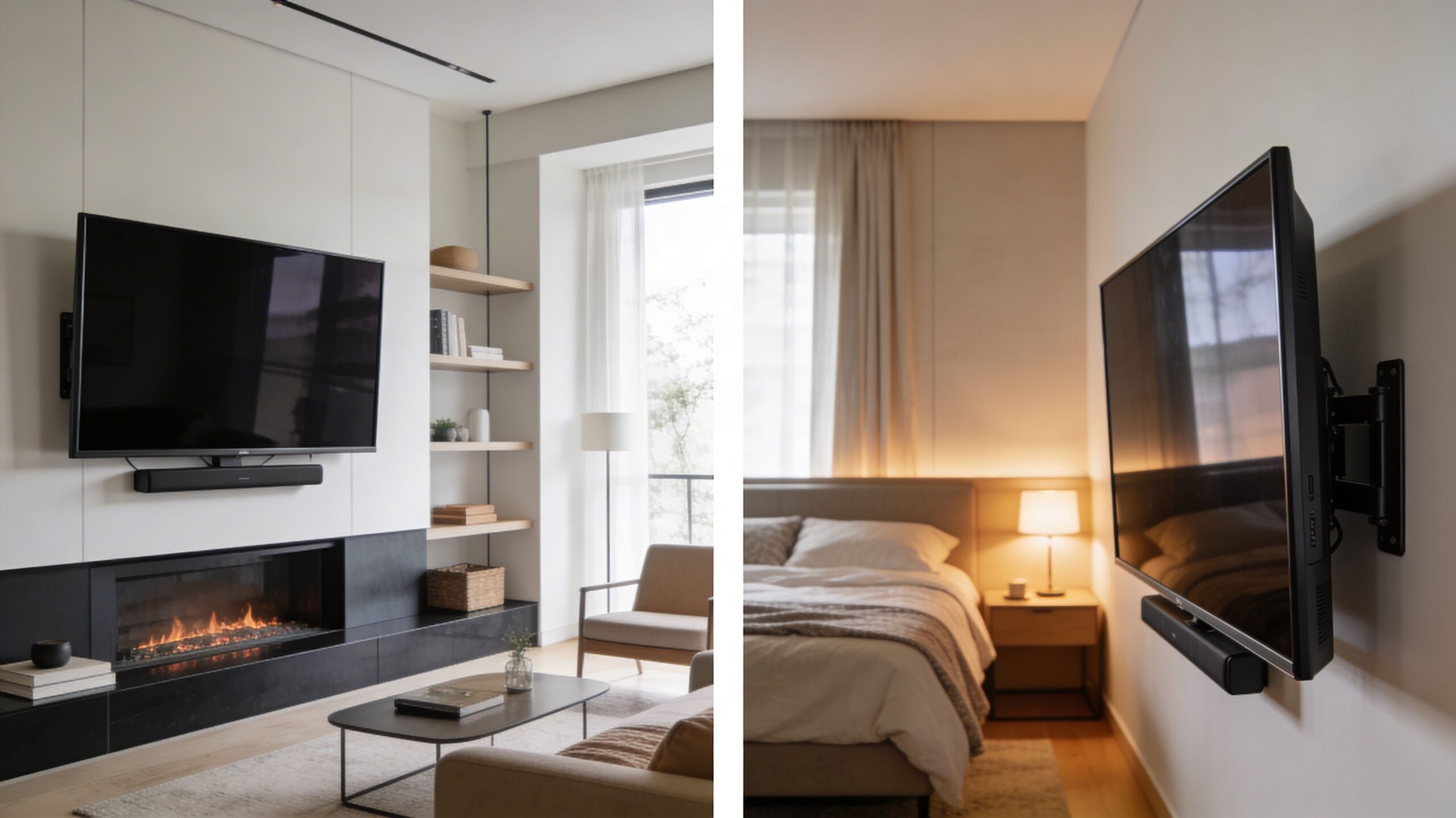 Two side-by-side interior design photos showing televisions wall-mounted above a fireplace and in a bedroom.