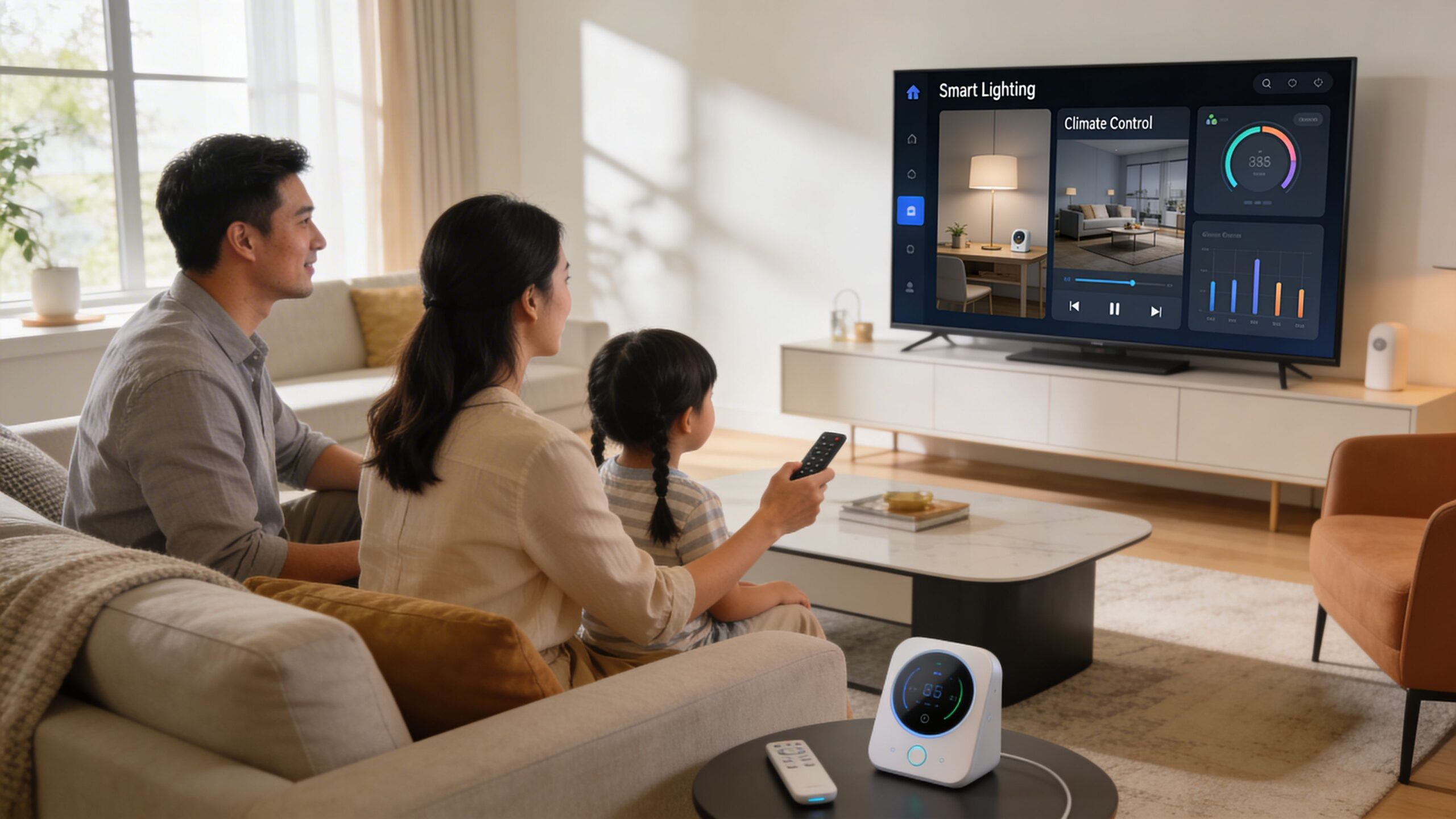 A family sits on a sofa, using a remote to control a smart home interface on their television.