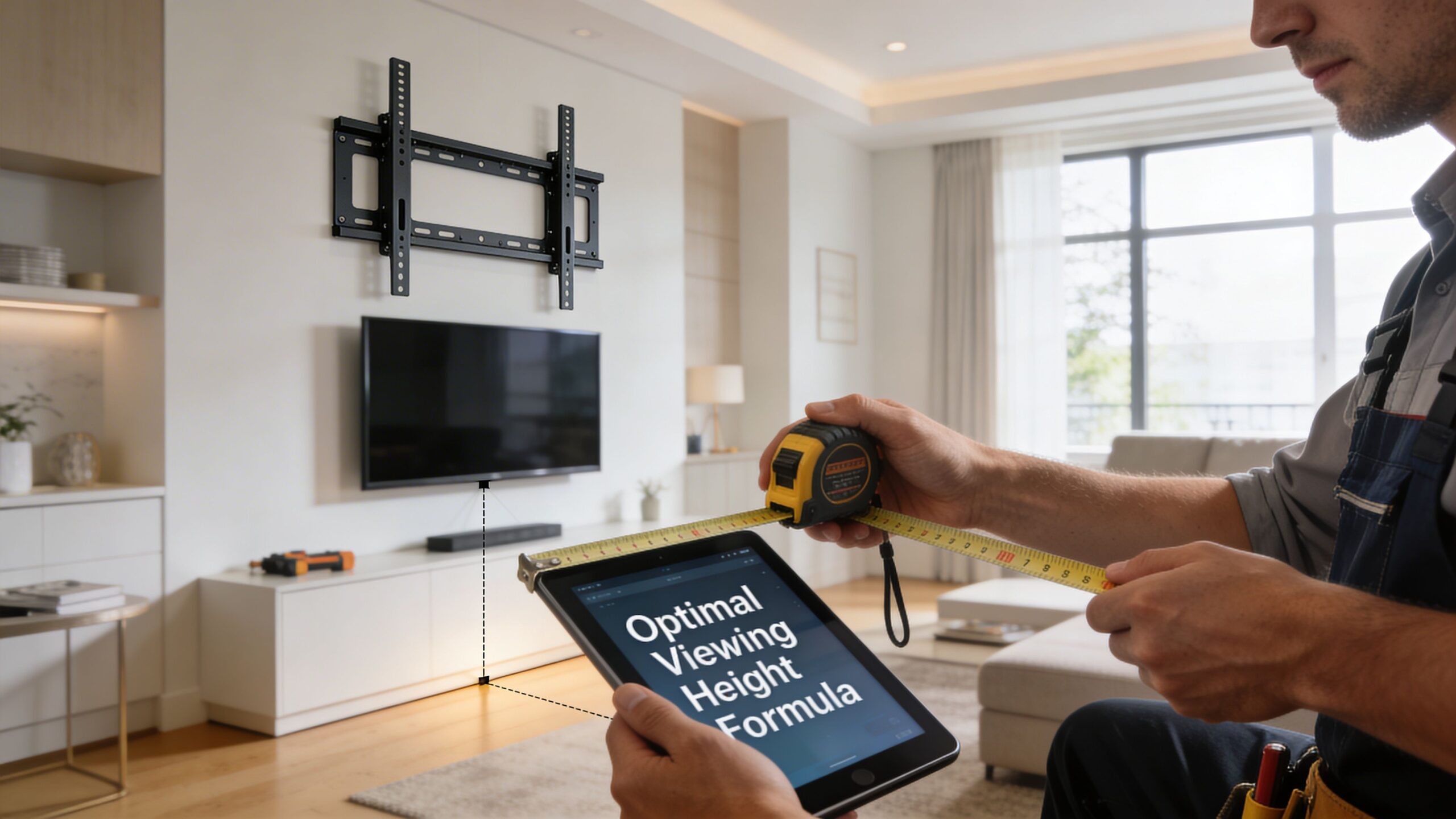 A professional technician uses a measuring tape and tablet to calculate the best height to mount a TV.