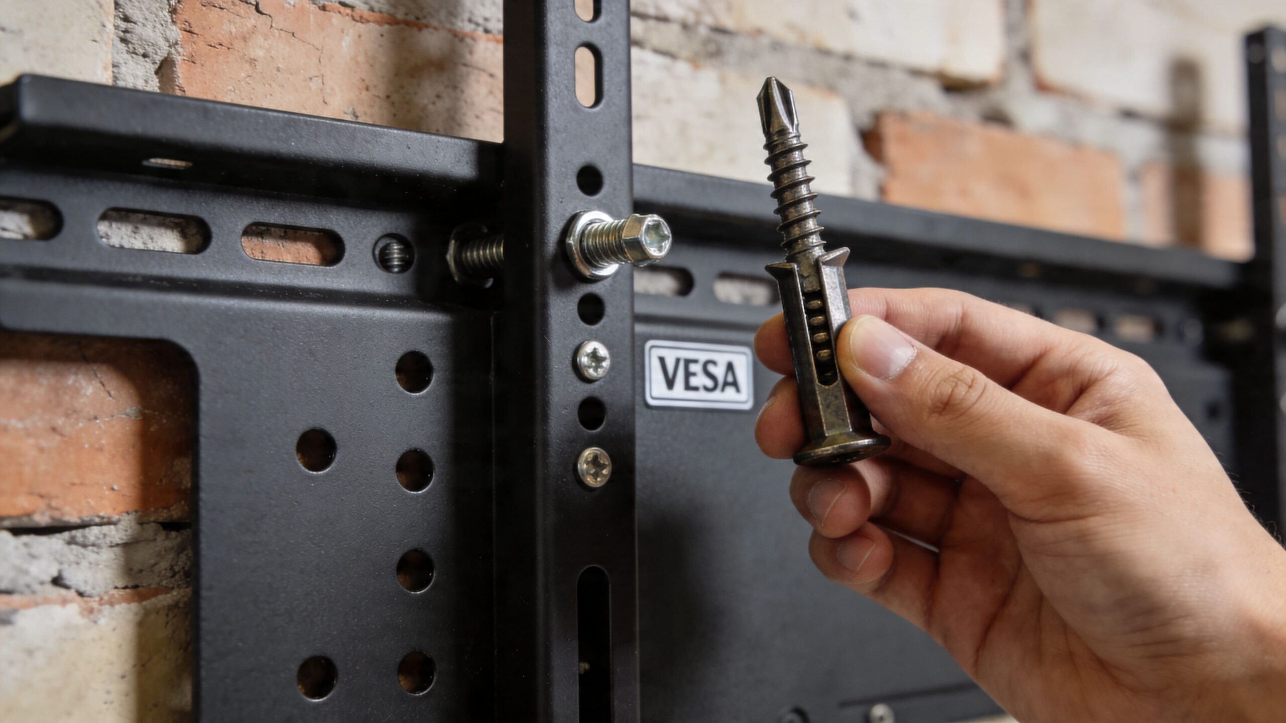 A person holding a heavy-duty anchor screw while installing a television mount on a brick wall.