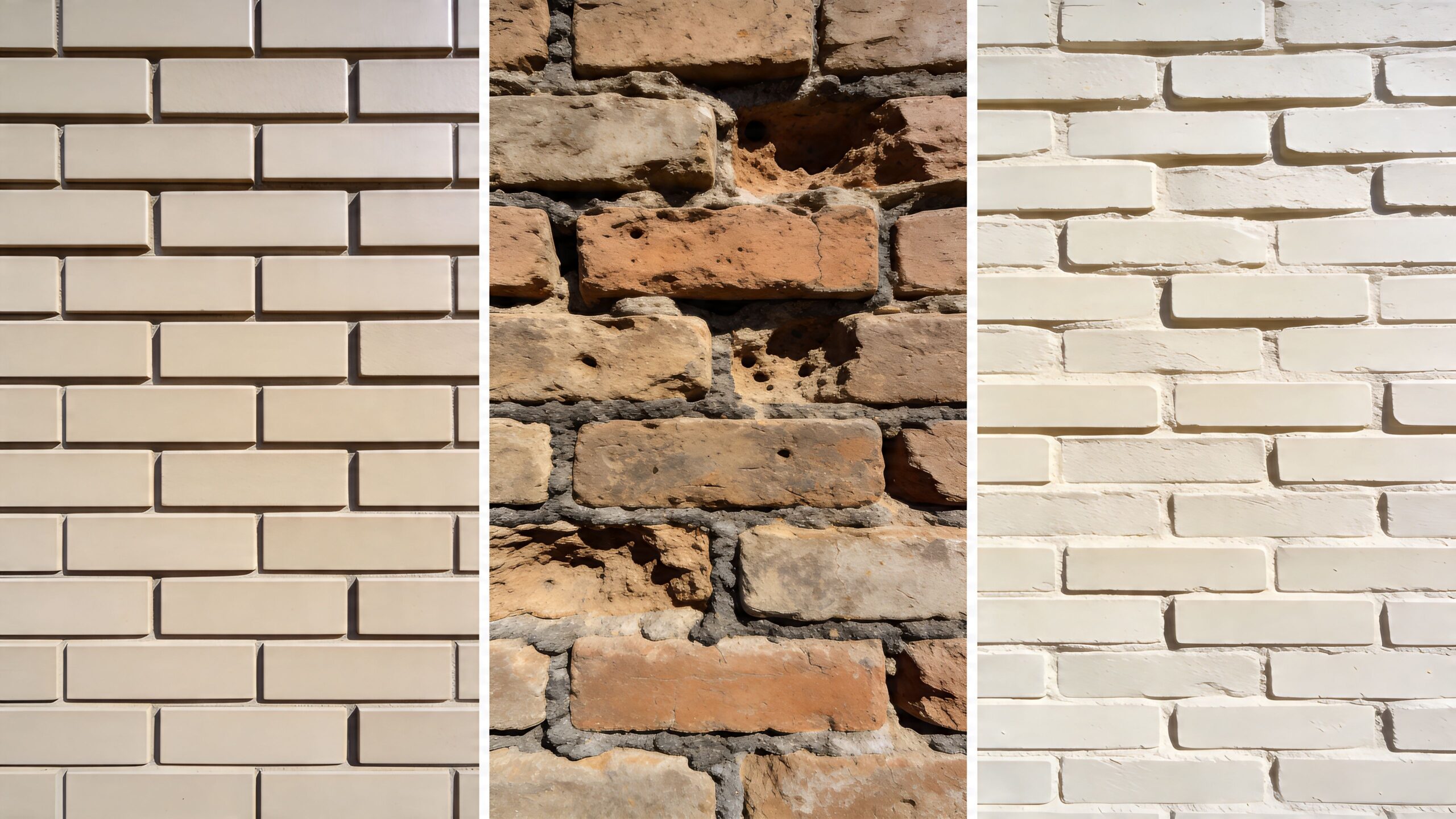 A composite image displaying three different styles of brick wall textures including modern, rustic, and painted white.