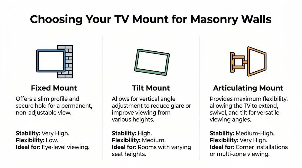 A comparison guide for choosing the best TV mount type for masonry and brick walls.
