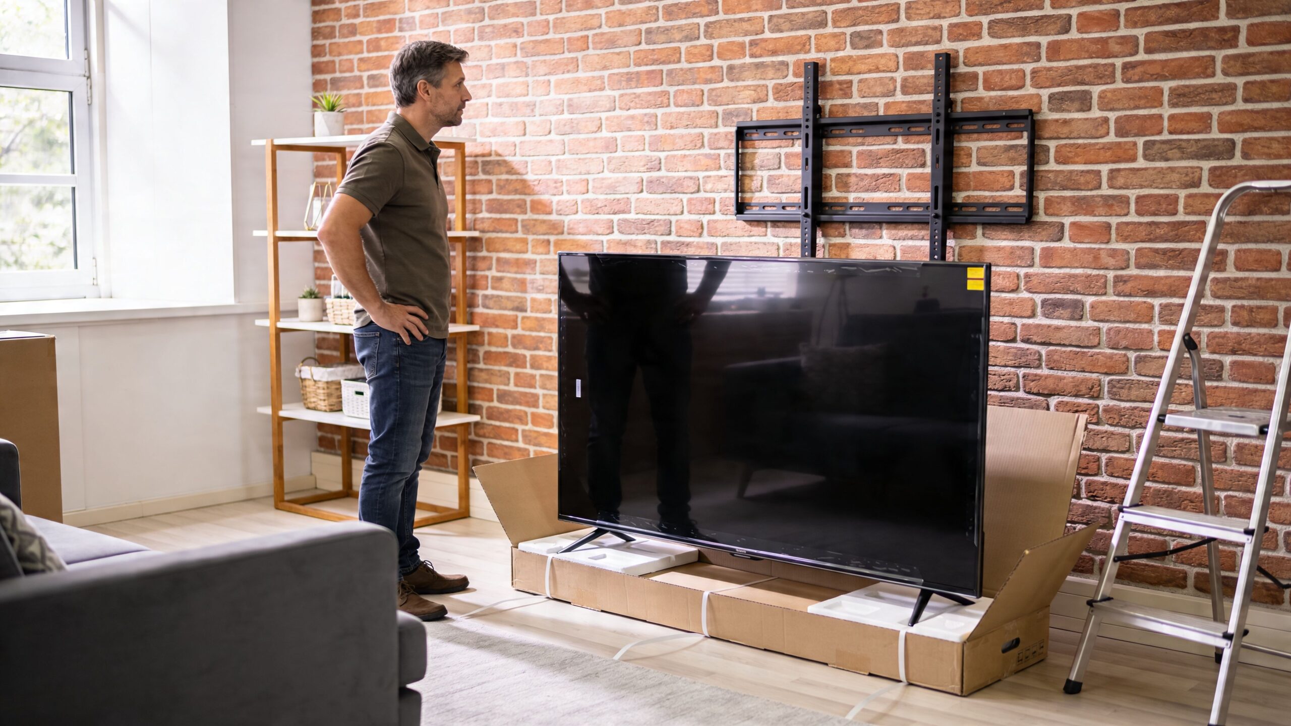 A man standing in his living room preparing to install a large television onto a brick wall.