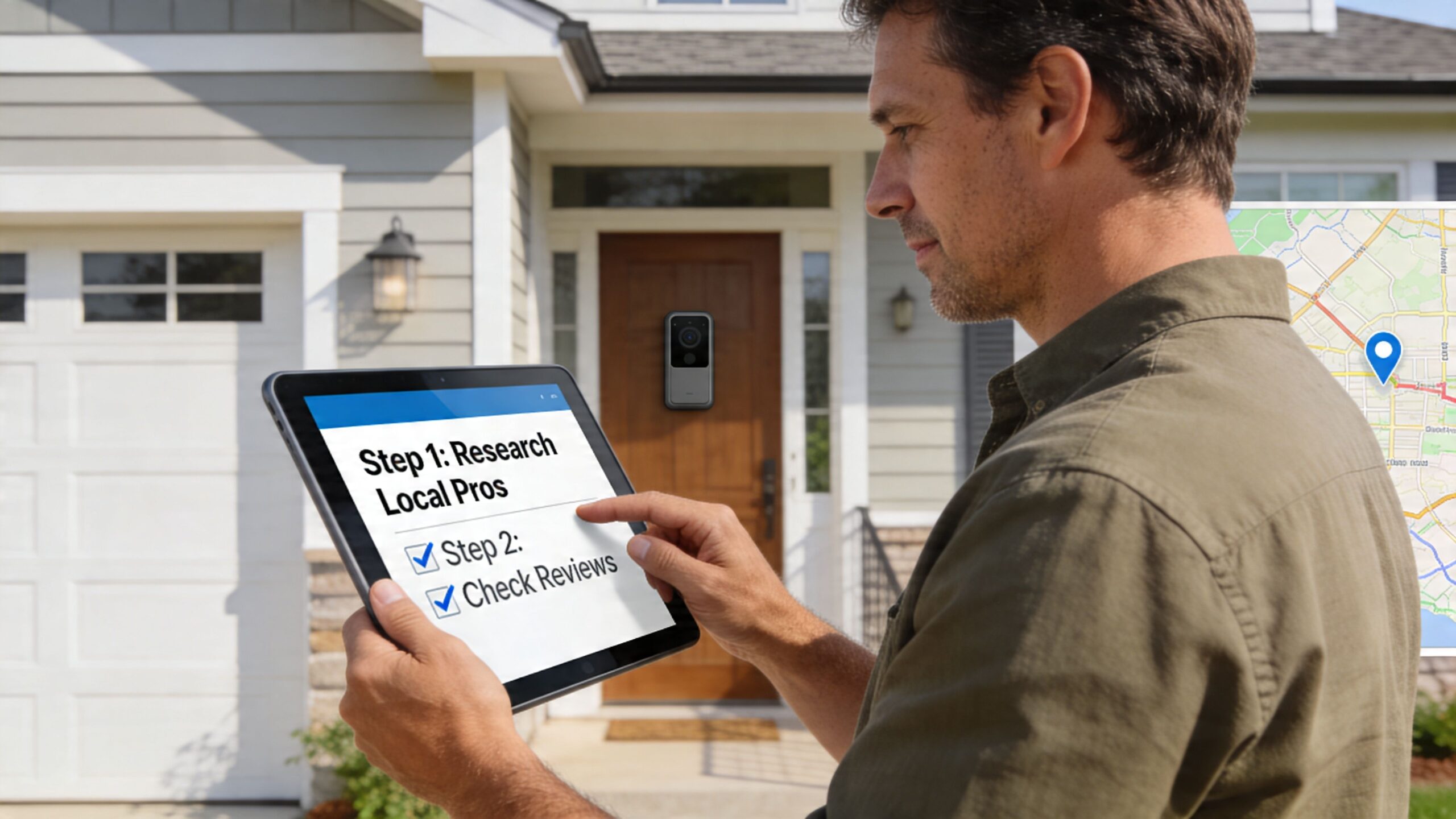 A man holds a digital tablet while reviewing steps for hiring local professionals for home security installation services.
