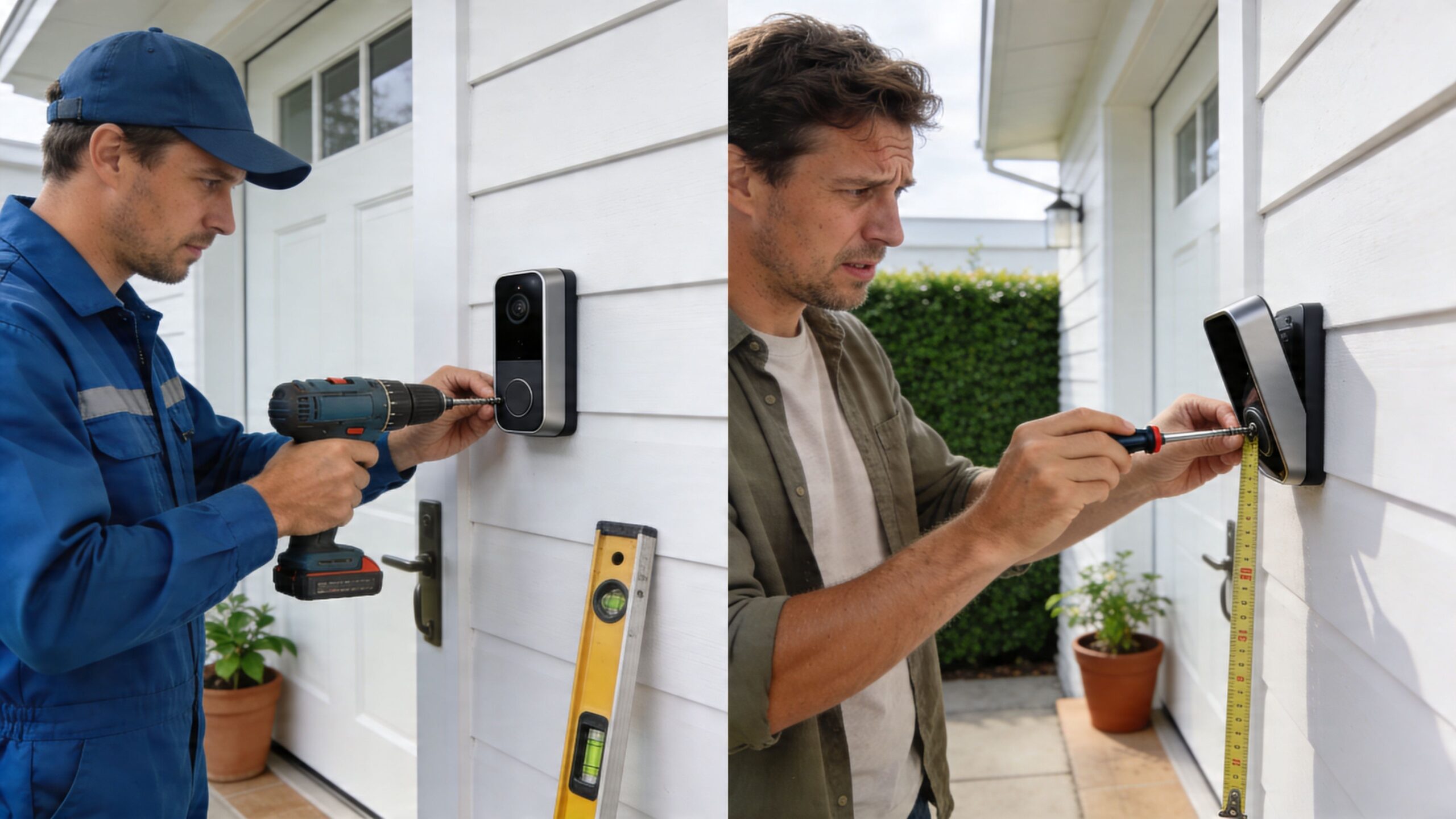 A split screen showing a professional and a homeowner installing a modern video doorbell on white siding.