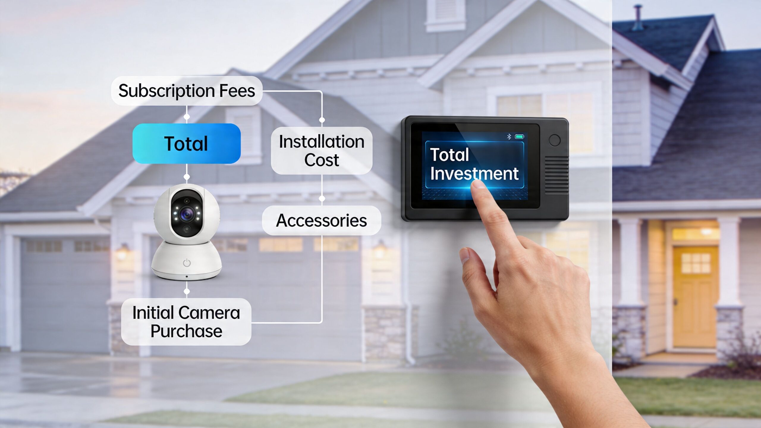 A hand touching a home security system screen illustrating total investment costs for camera equipment and services.
