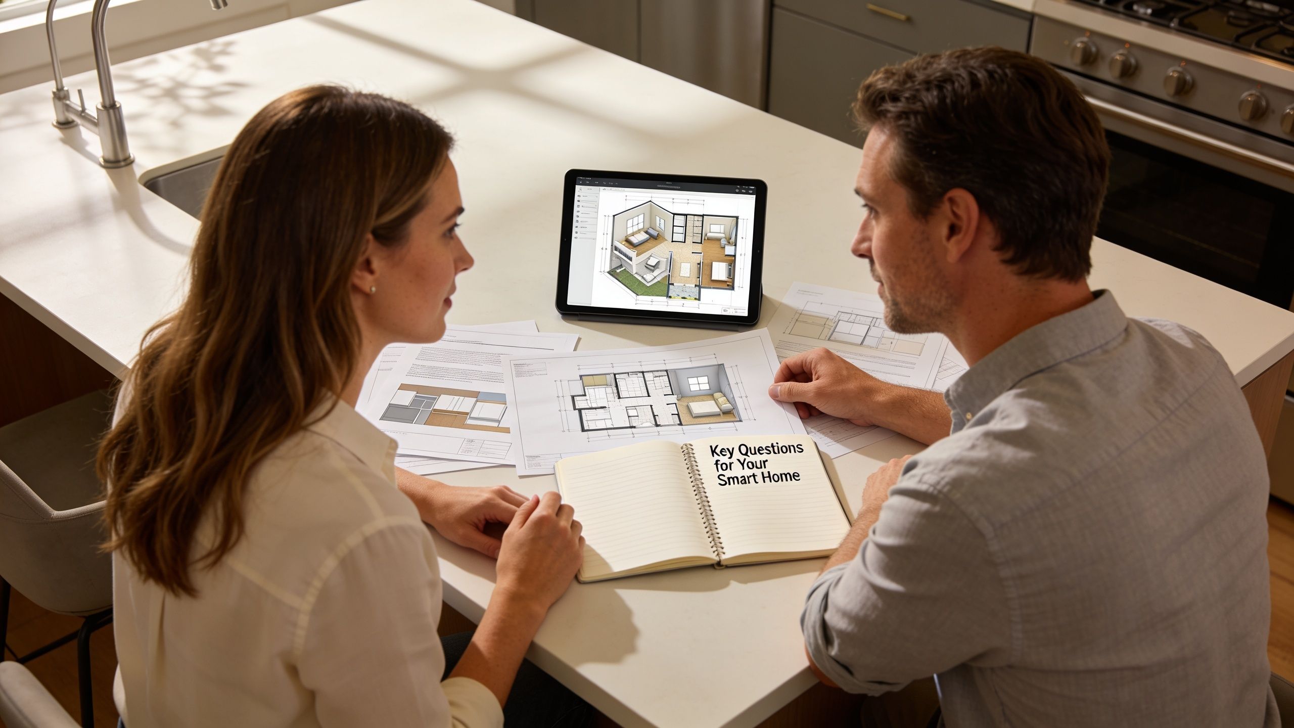 A couple sits at a kitchen counter reviewing smart home house plans on a tablet and paper