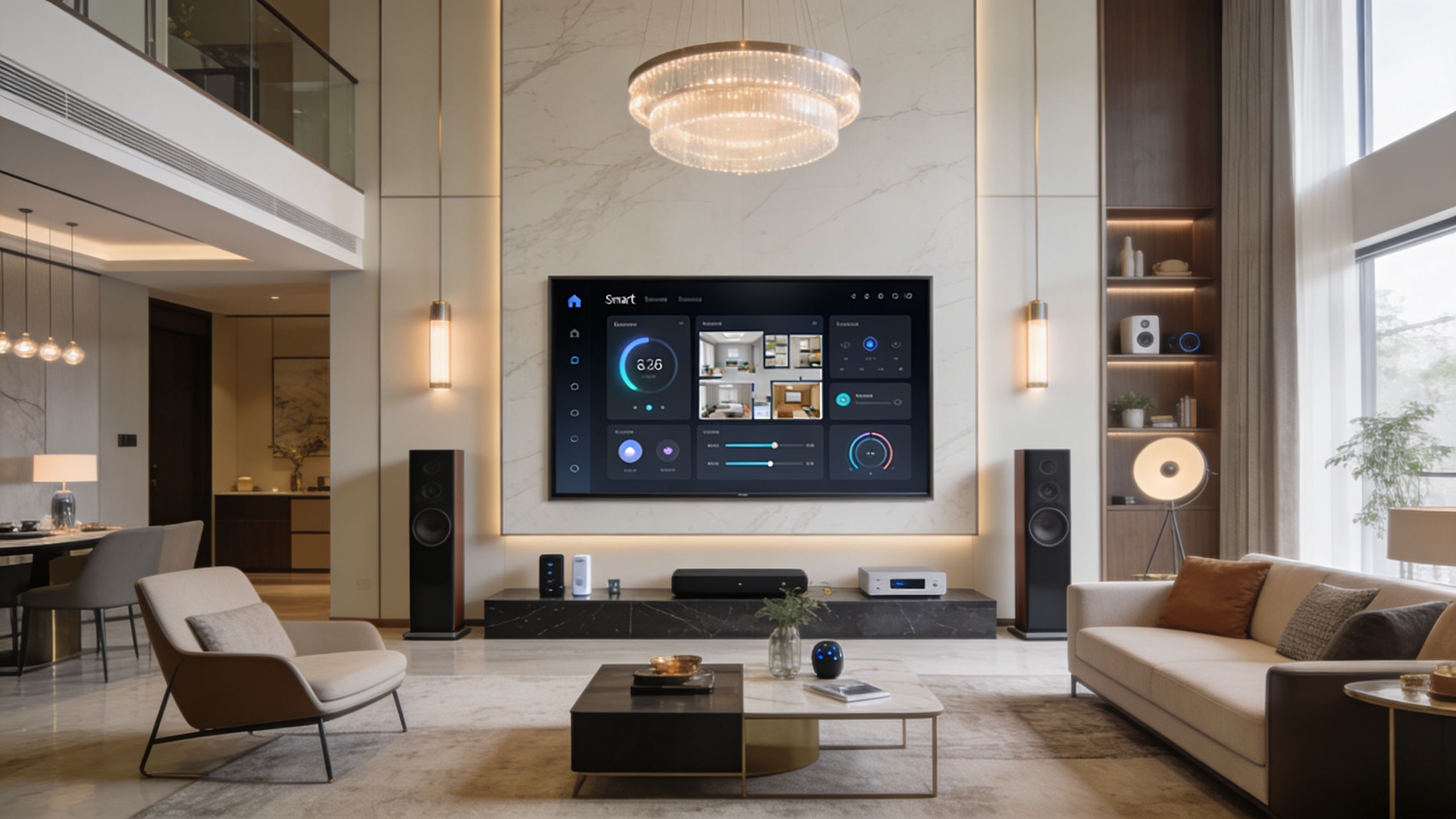 A luxurious modern living room featuring a smart home interface displayed on a large wall-mounted television screen.