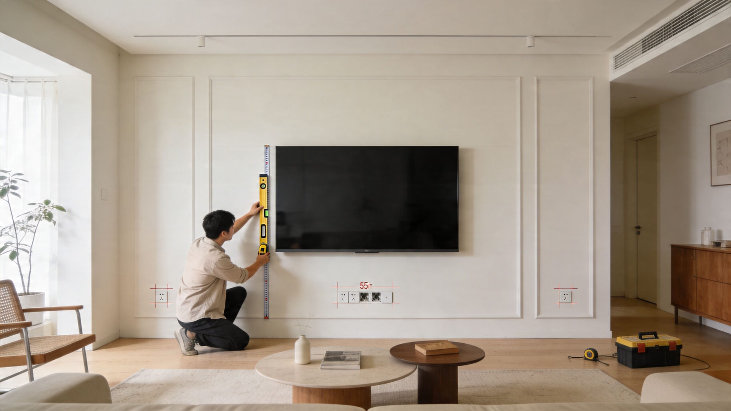 A technician kneeling and using a spirit level to align a 55 inch television mounted on a wall.