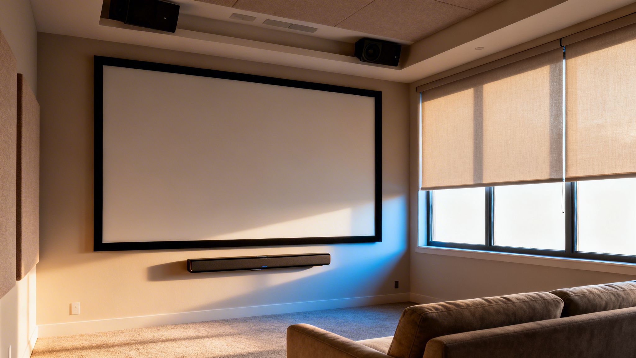 A modern home theater room featuring a large projector screen, soundbar, and sofa.