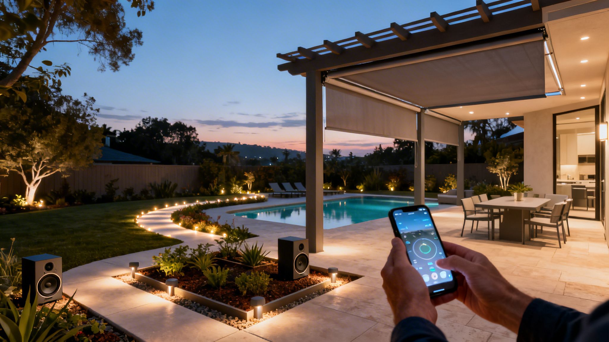 Person controls smart outdoor lighting, speakers, and patio screens with a phone in a luxurious backyard.