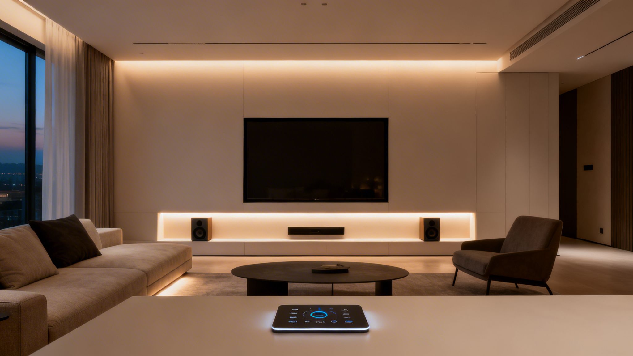 Modern living room with a large TV, sound system, and smart home control panel.