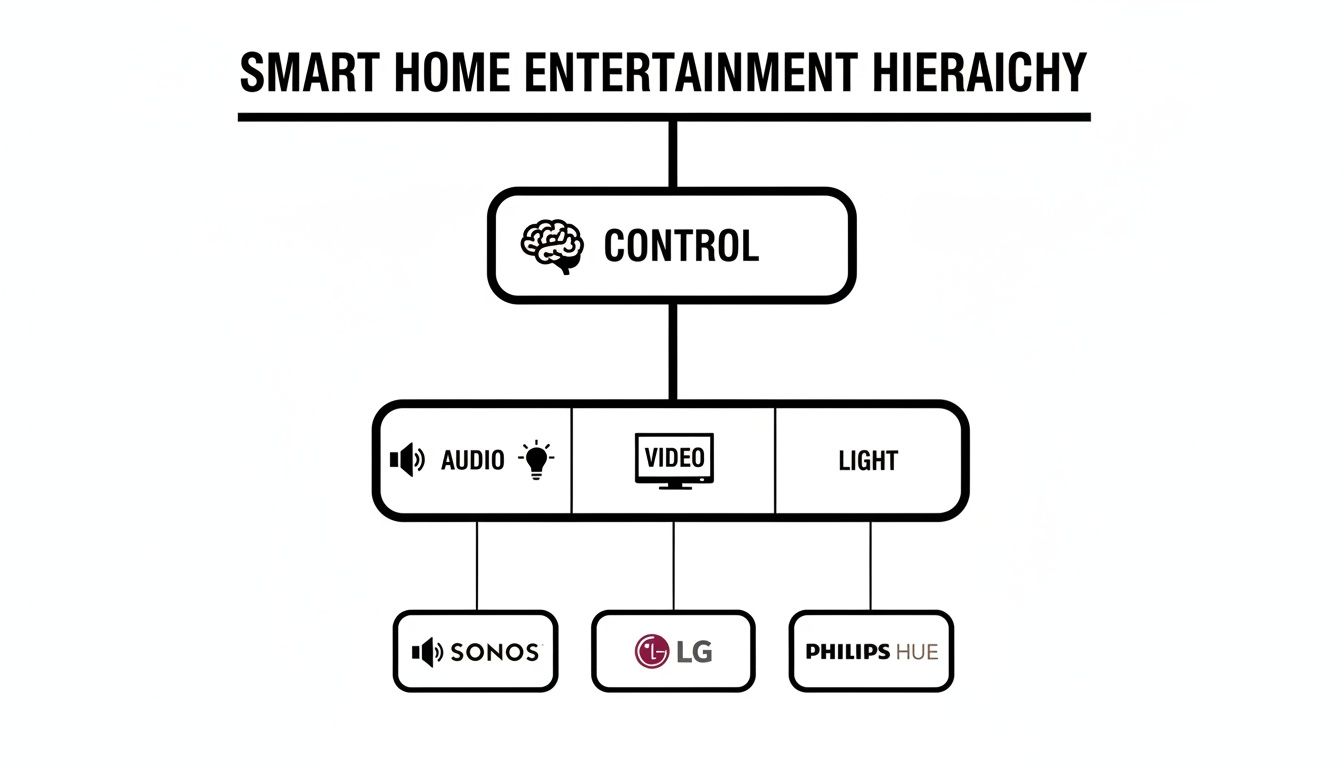 Hierarchy diagram displaying smart home entertainment control, audio (Sonos), video (LG), and light (Philips Hue).