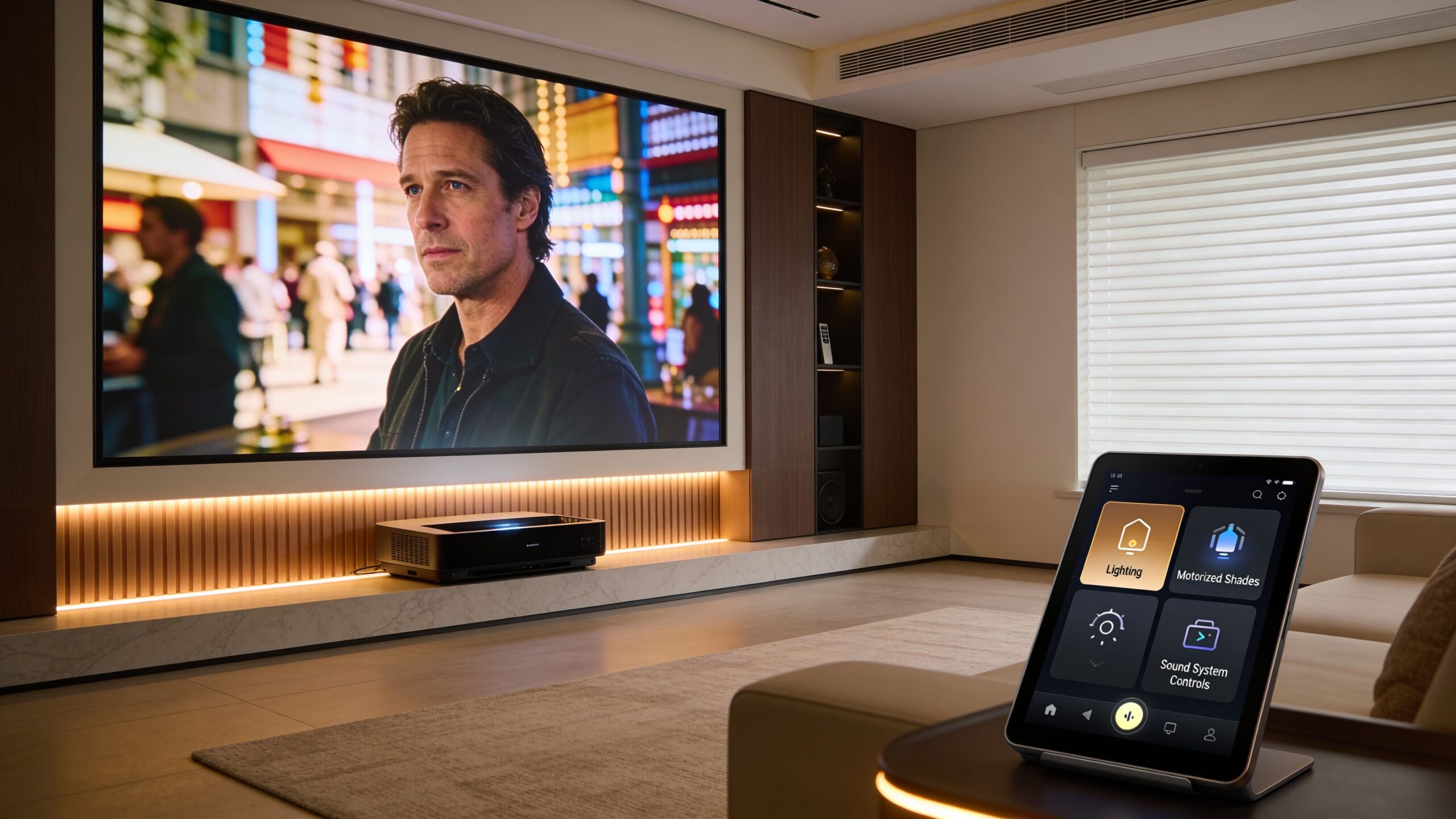 A modern home theater setup featuring a large projector screen, ultra-short throw projector, and smart home control tablet.