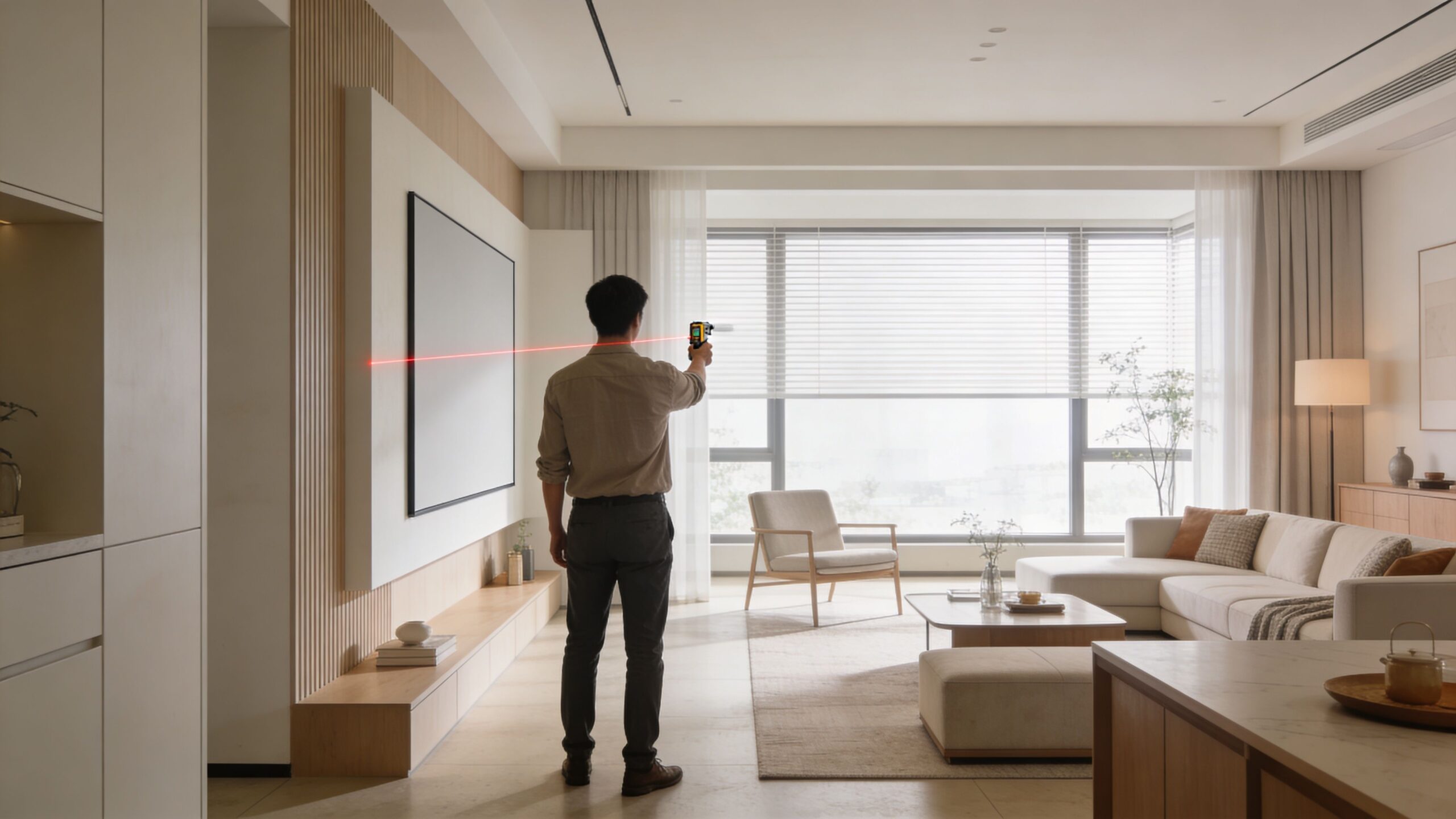 A man using a laser measurement tool to calibrate a home theater projector screen in a room.