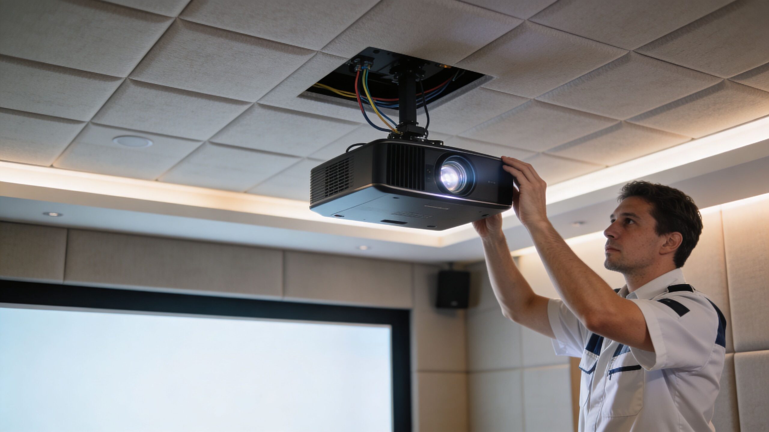 A technician installing a ceiling-mounted projector in a modern home theater room with acoustic wall panels.