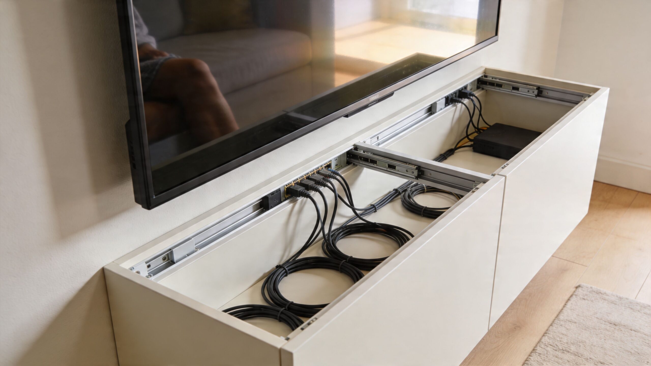 A modern TV console with hidden compartments containing neatly coiled black electronic cables and connected devices.