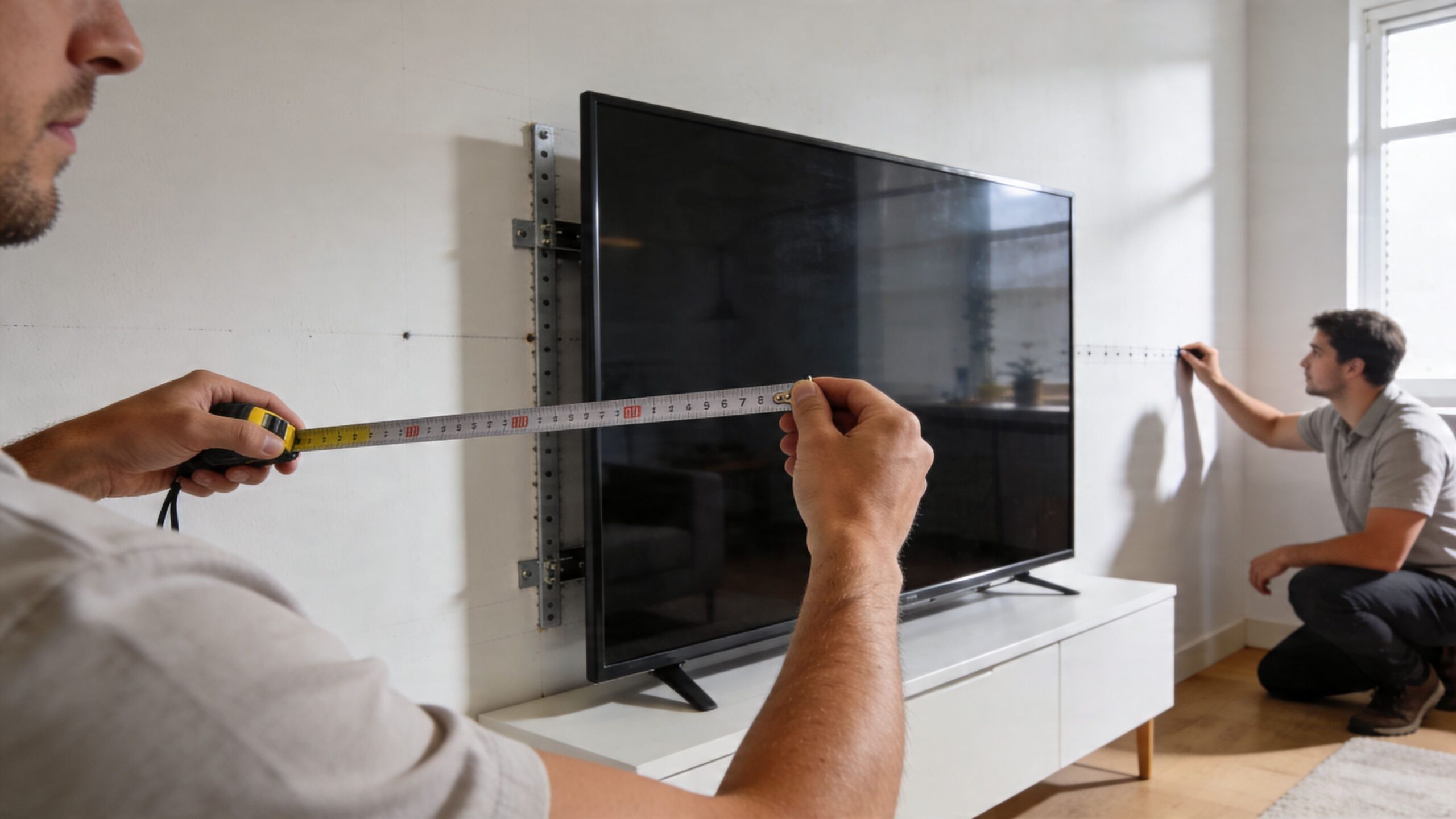 Two men working together to measure and install a wall mount for a flat-screen television.