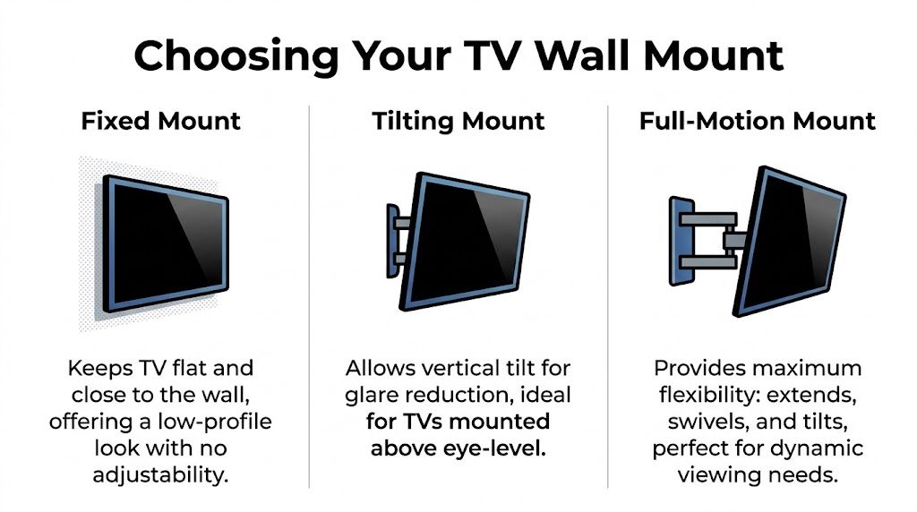 An infographic comparing three types of TV wall mounts: fixed, tilting, and full-motion for display selection.