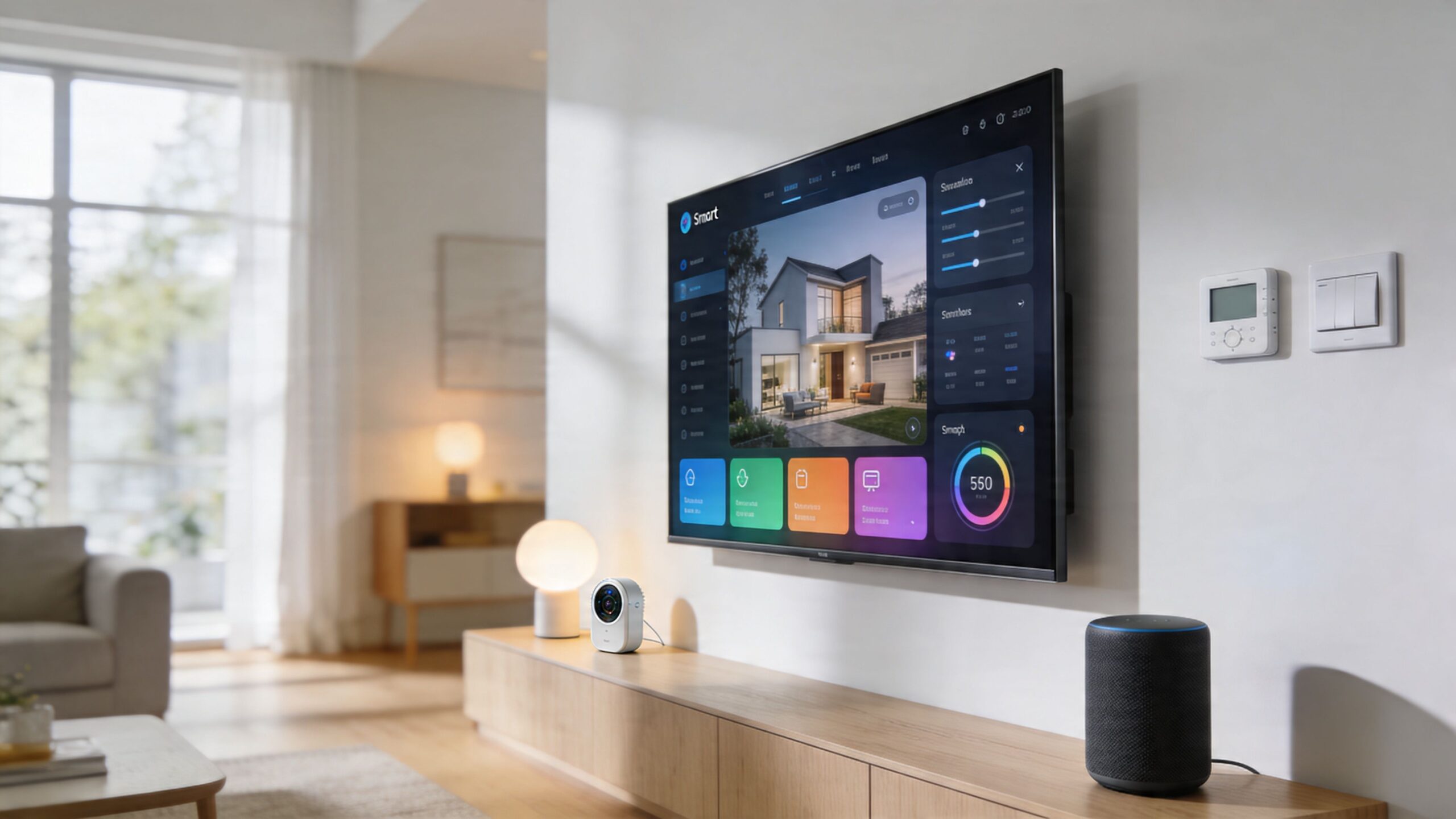 A modern living room featuring a smart home dashboard displayed on a large wall-mounted television screen.