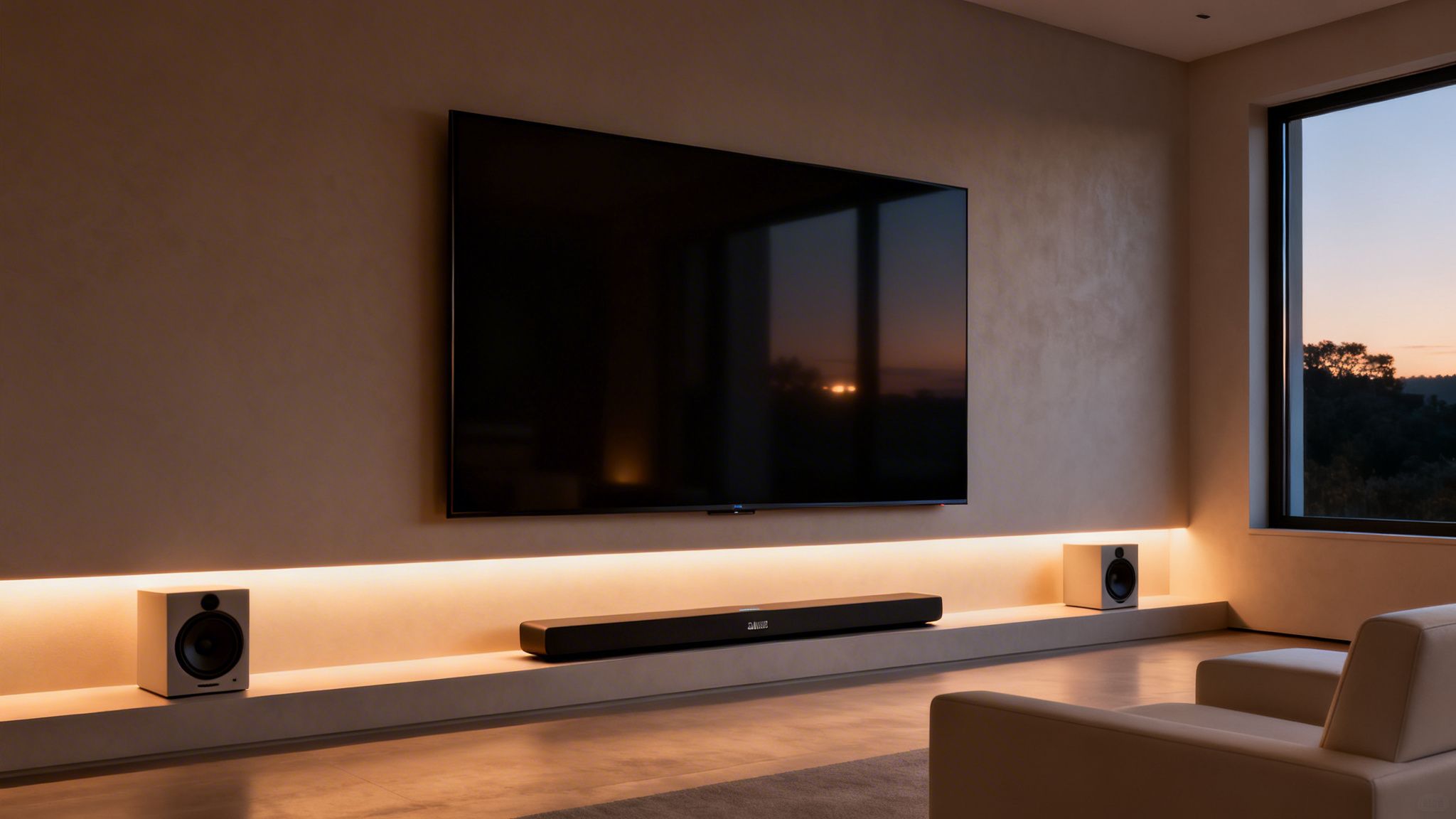 Modern living room with a large TV, soundbar, speakers, and warm ambient lighting at sunset.