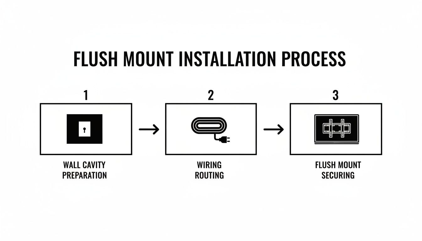 Diagram illustrating the three-step flush mount installation process: wall preparation, wiring, and securing.