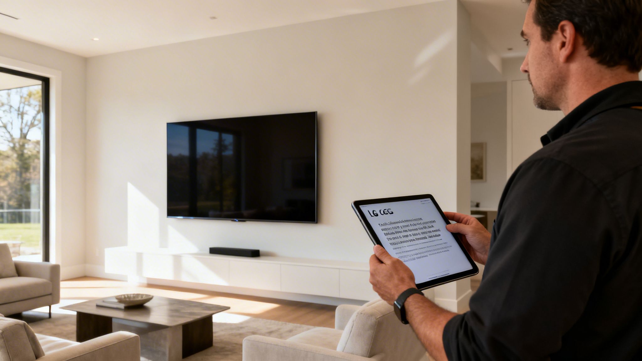 Man holding a tablet, looking at an LG TV and soundbar in a stylish living room.