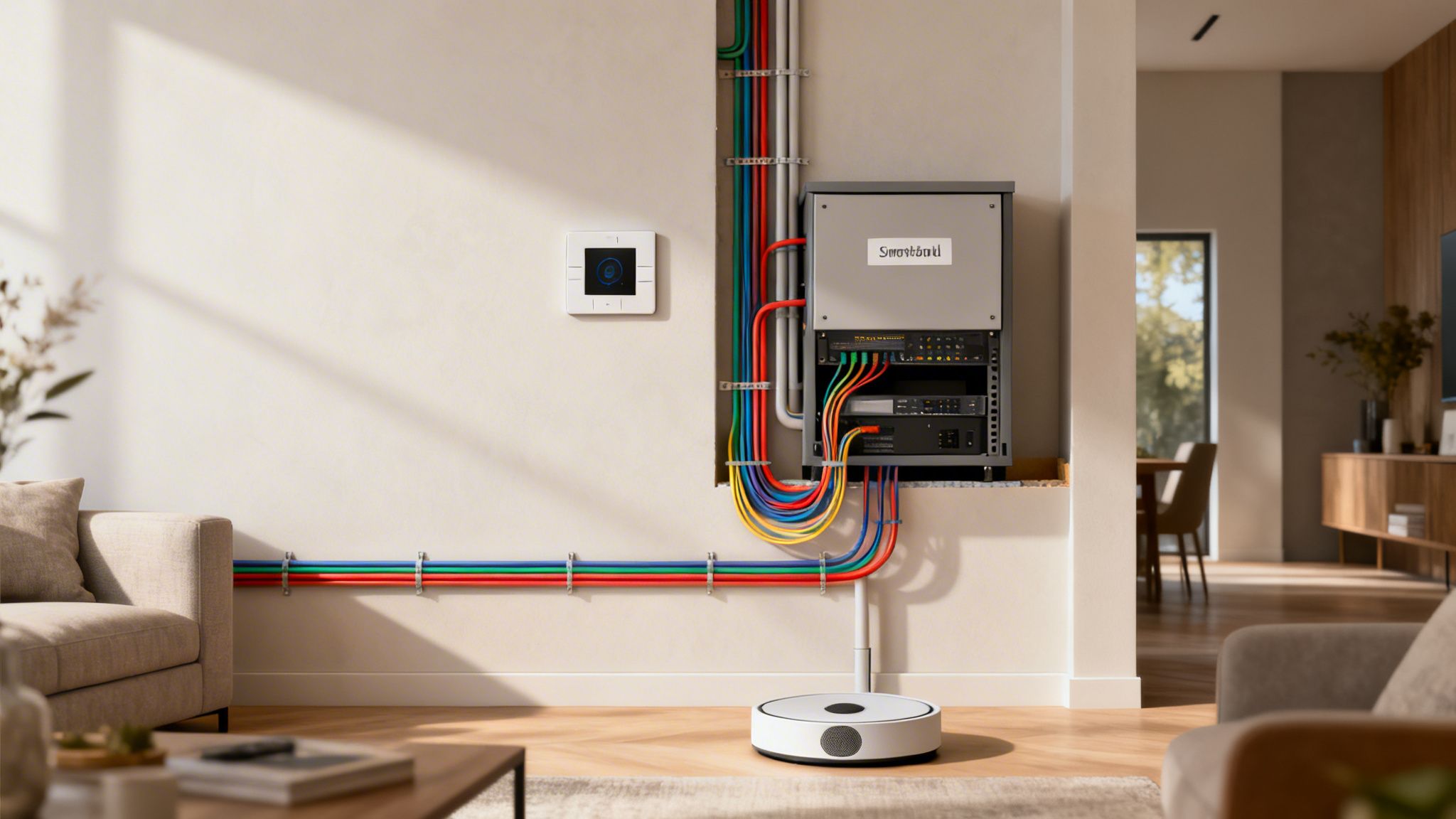 A modern smart home interior showcasing exposed colorful low-voltage wiring, a network rack, and a robot vacuum.