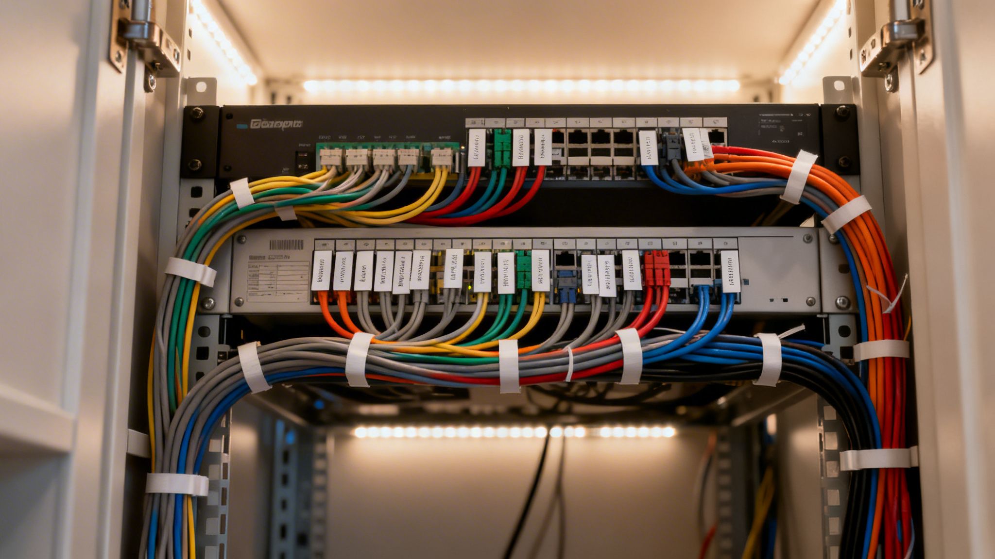 Neatly organized colorful Ethernet cables connected to network switches in a well-lit server rack.
