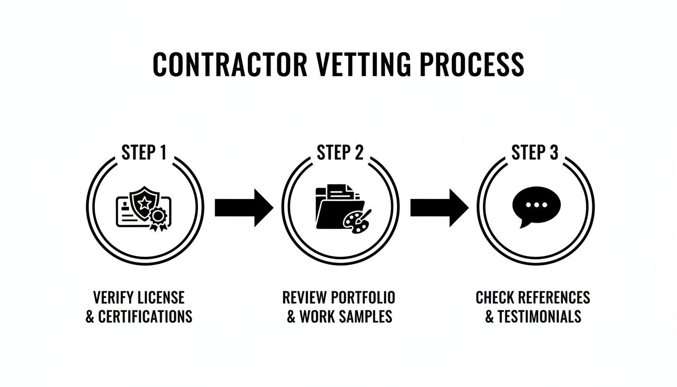 Infographic showing a three-step contractor vetting process for license, portfolio, and references.