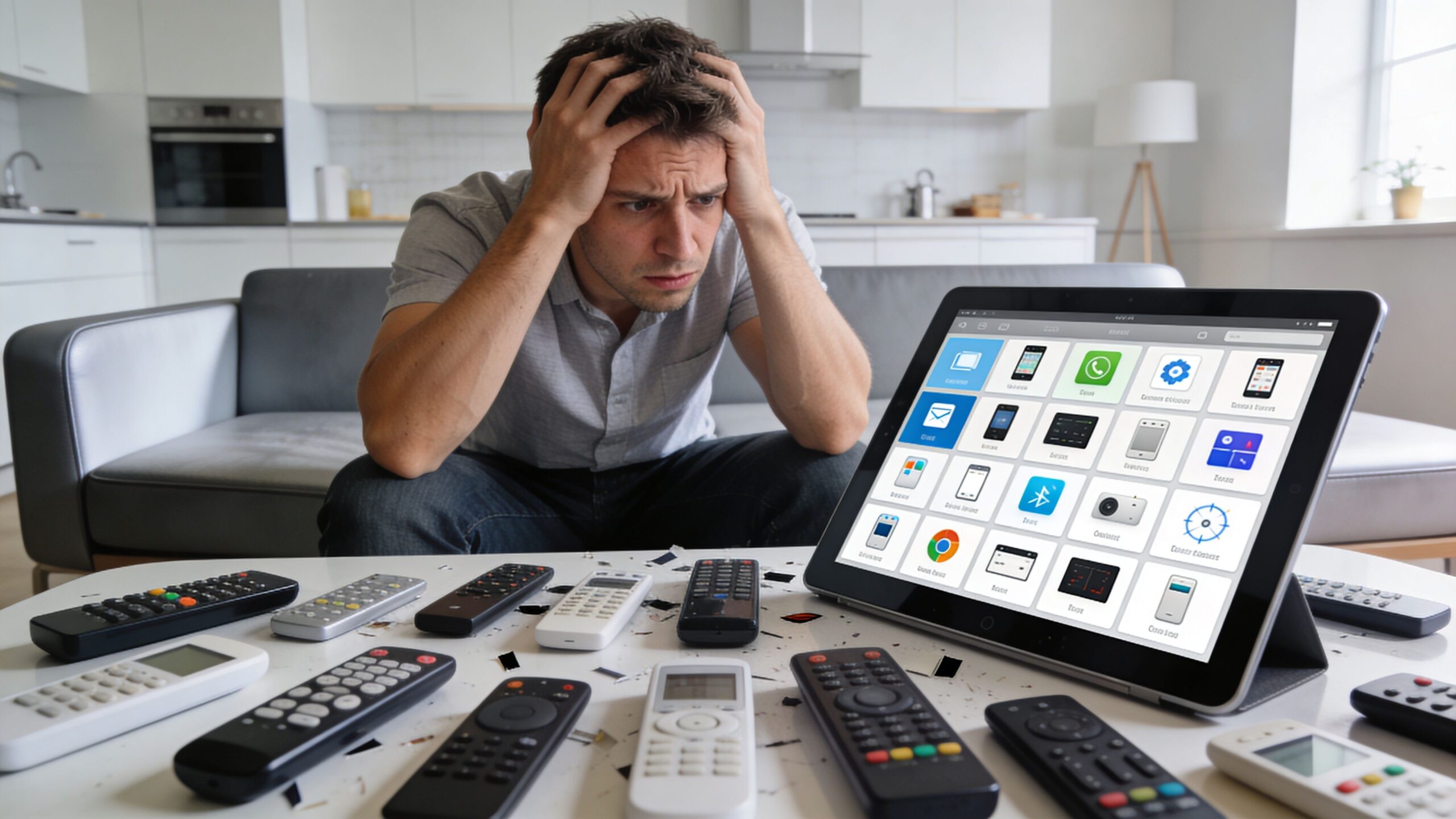 A frustrated man sits on a couch behind a table overflowing with numerous remote controls and a tablet.
