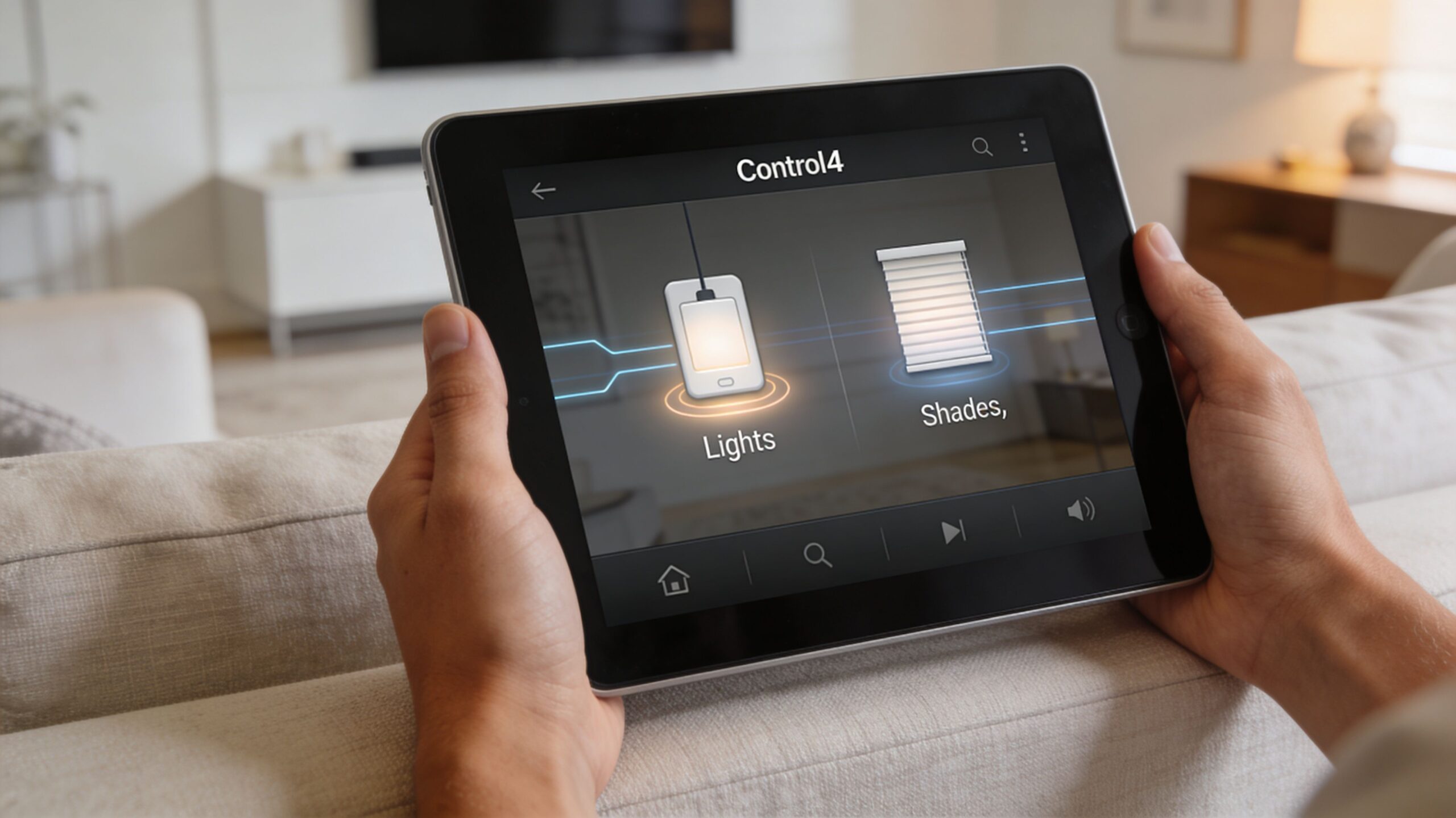 A person holding a tablet displaying the Control4 smart home interface for managing lights and window shades.