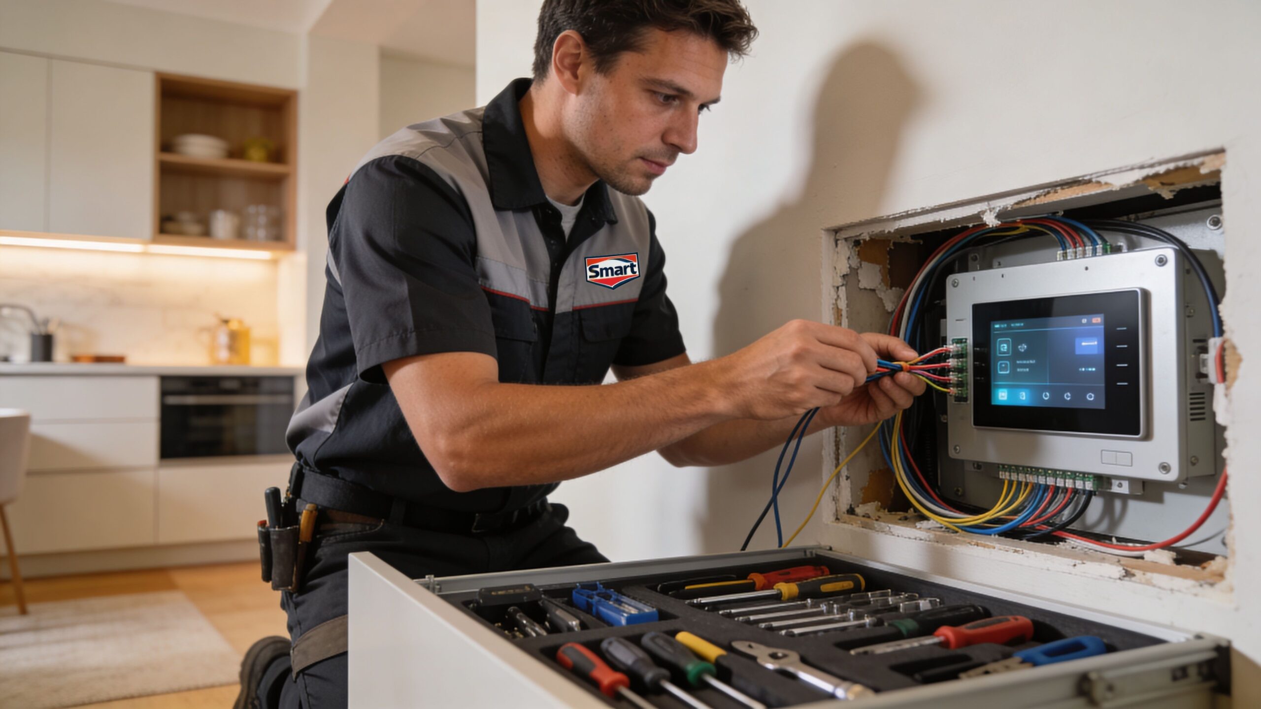 A professional technician installing a smart home control system panel into a wall inside a residential kitchen.