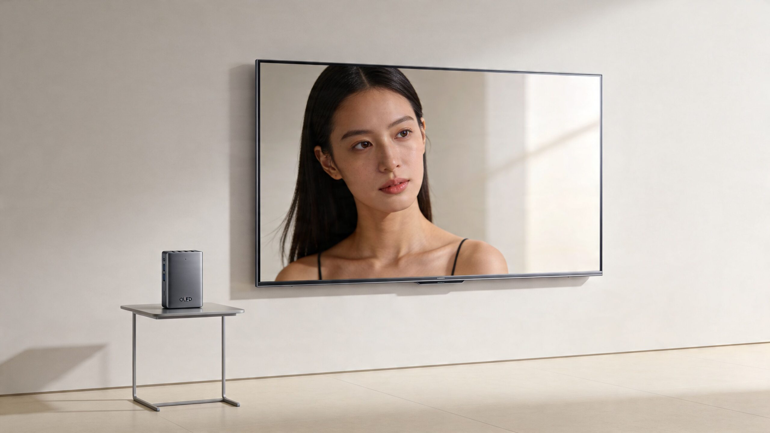 A modern metallic external box for an OLED wallpaper TV resting on a minimalist side table.