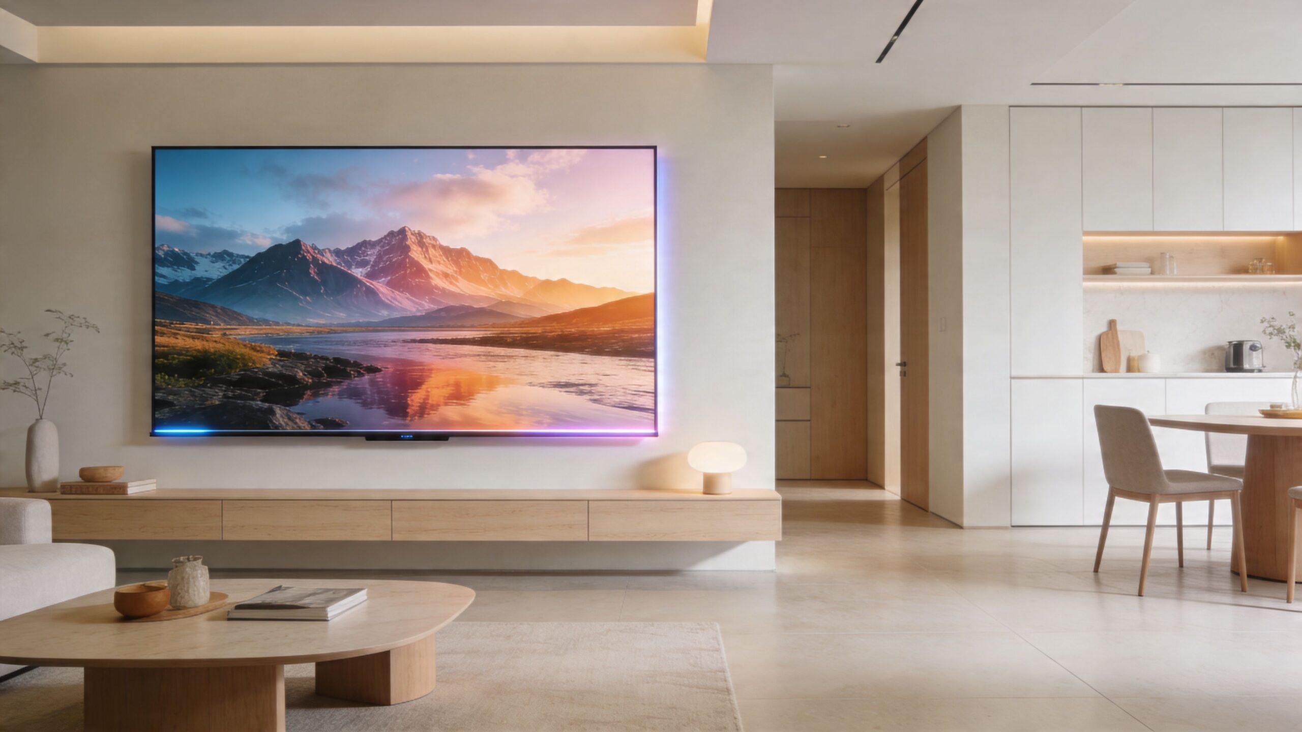 A sleek, large OLED wallpaper TV mounted on a minimalist wall in a modern, elegant living room interior.