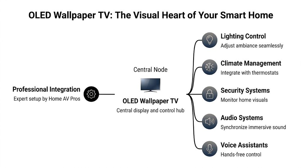 A diagram illustrating the OLED Wallpaper TV acting as a central control hub for various smart home systems.