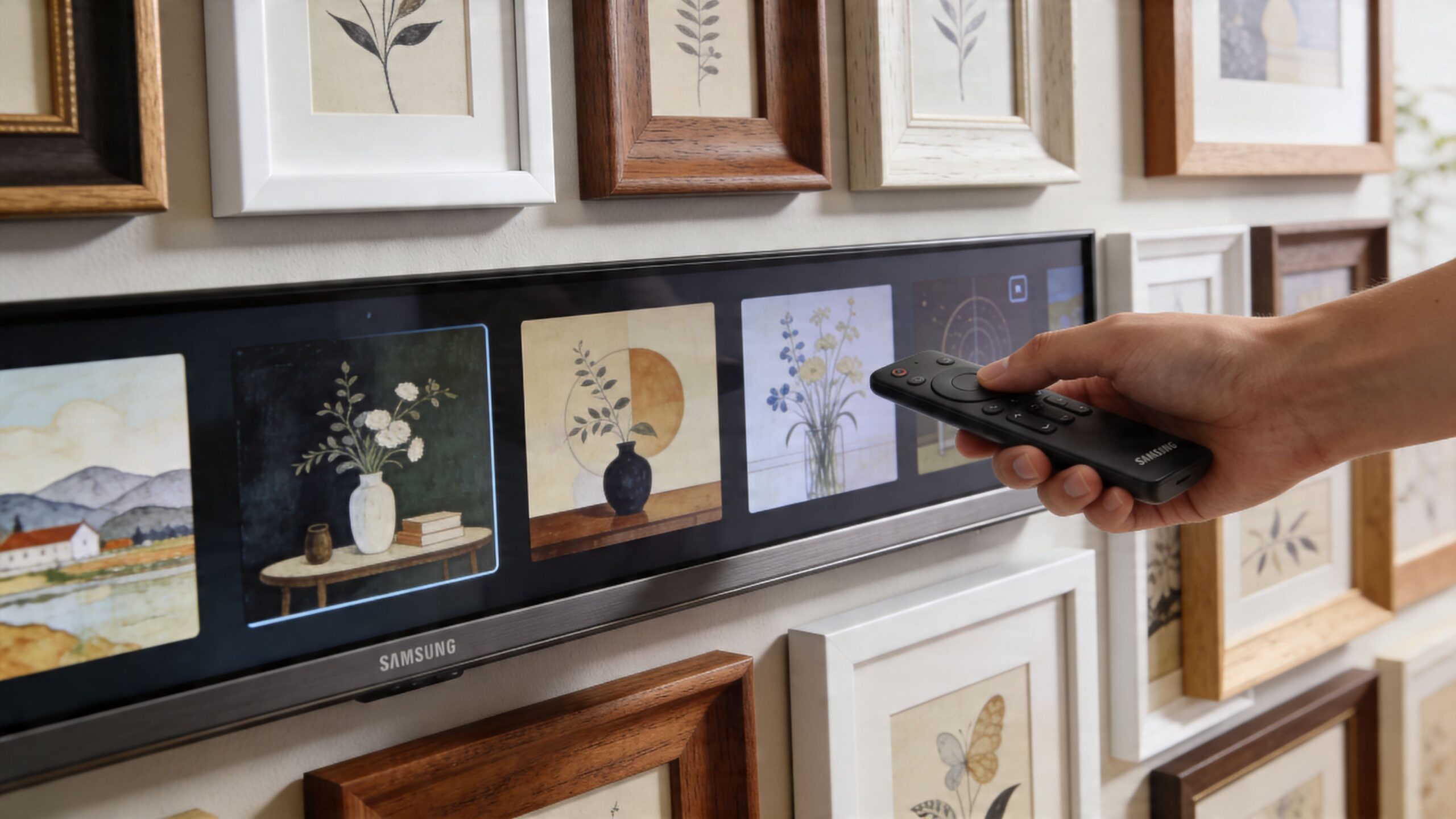 A hand holds a Samsung remote, selecting digital art on a Samsung Frame TV surrounded by wall frames.