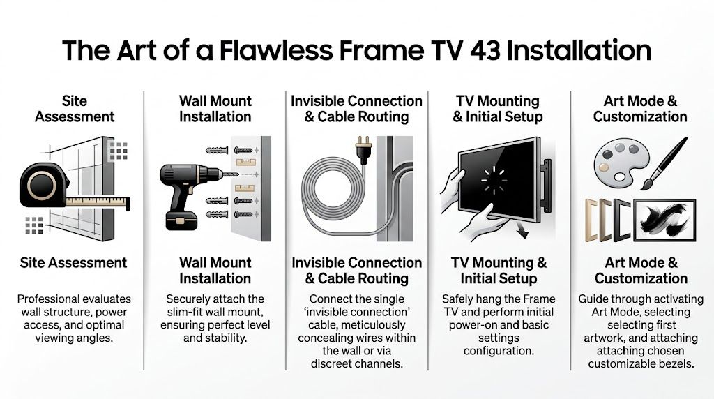 A step-by-step infographic detailing the professional installation process for a Samsung 43-inch Frame TV.