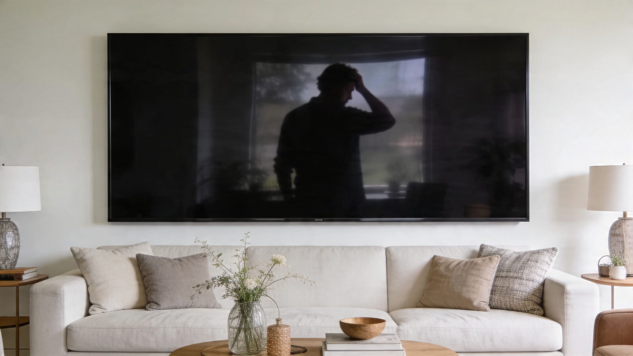 A modern living room with a large Samsung Frame TV mounted above a neutral-colored sofa with pillows.