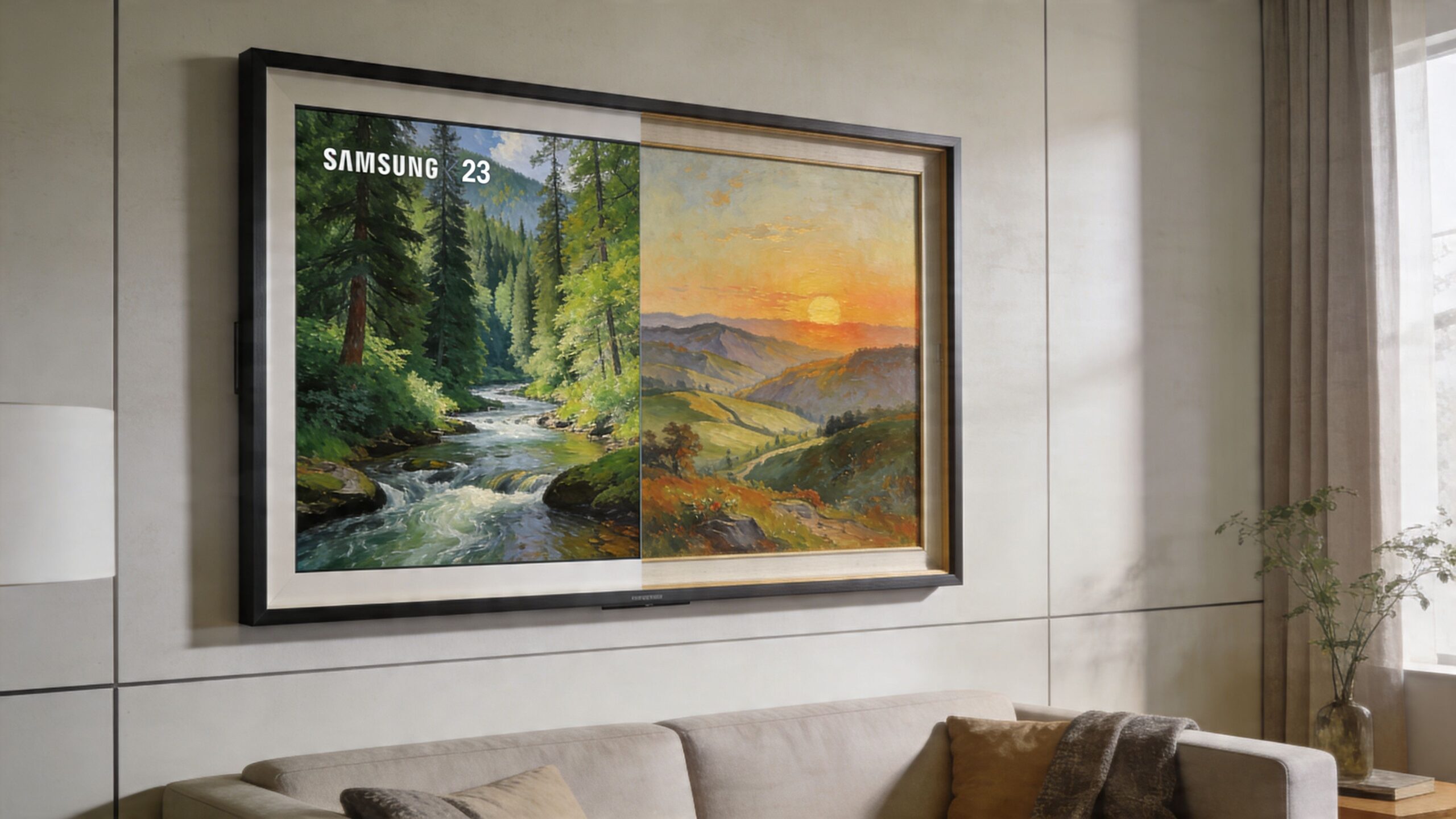 A large Samsung The Frame TV mounted on a wall above a sofa displaying landscape art.