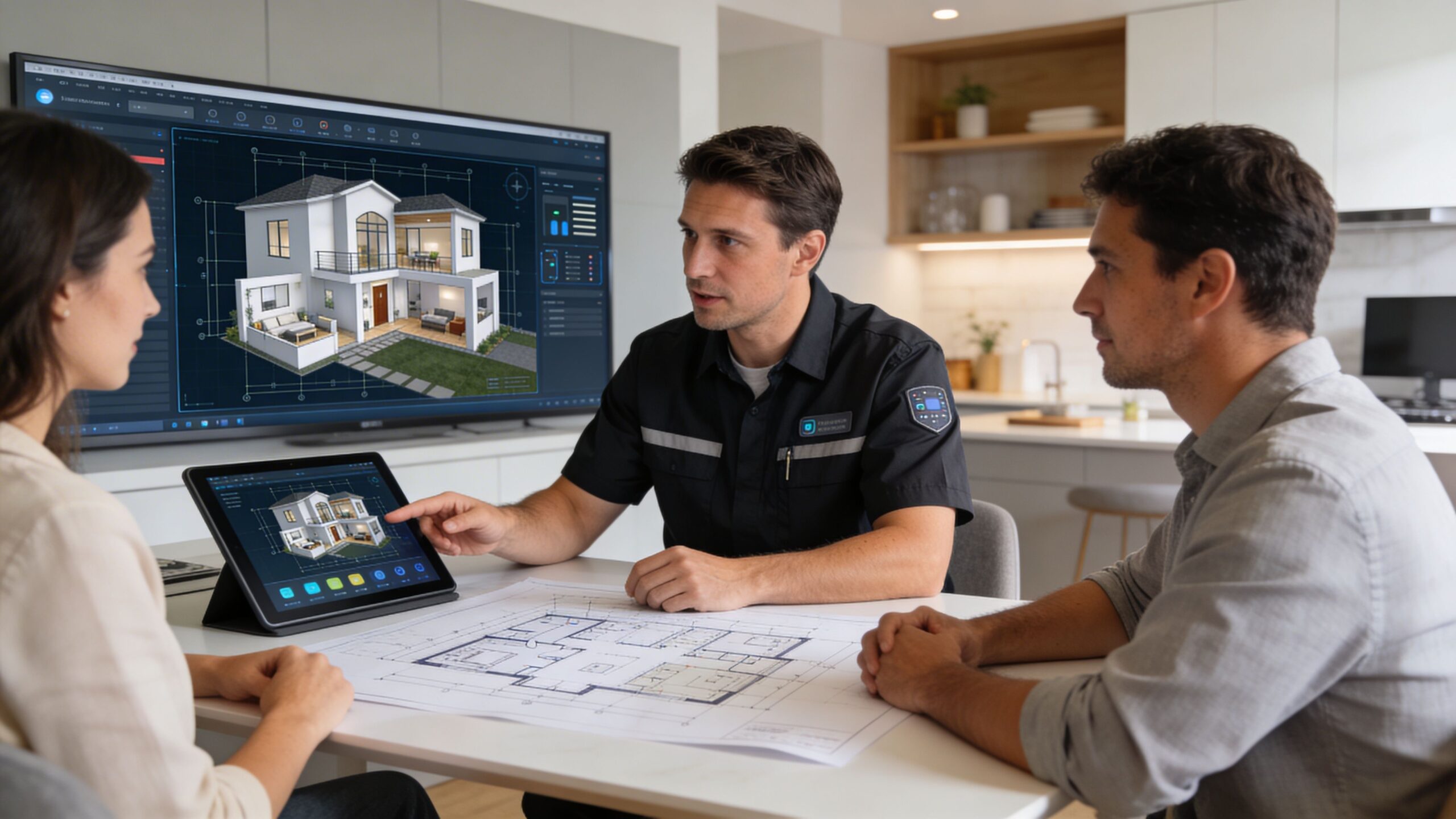 A professional smart home automation installer discusses house plans with a couple using digital screens and blueprints.