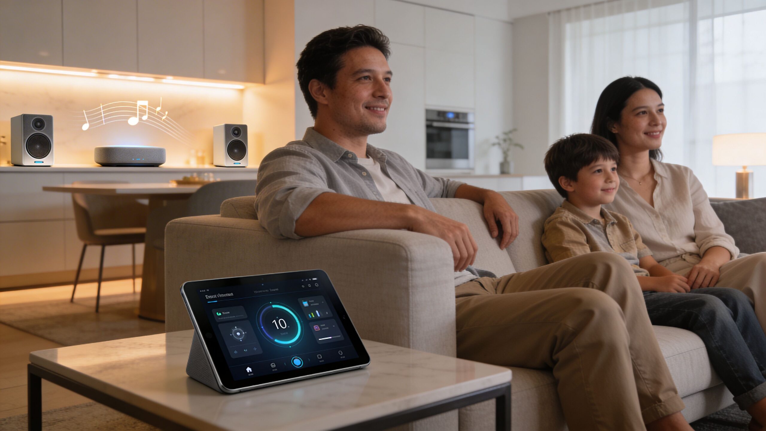 A family sits on a sofa in a modern smart home while using a tablet for automation control.