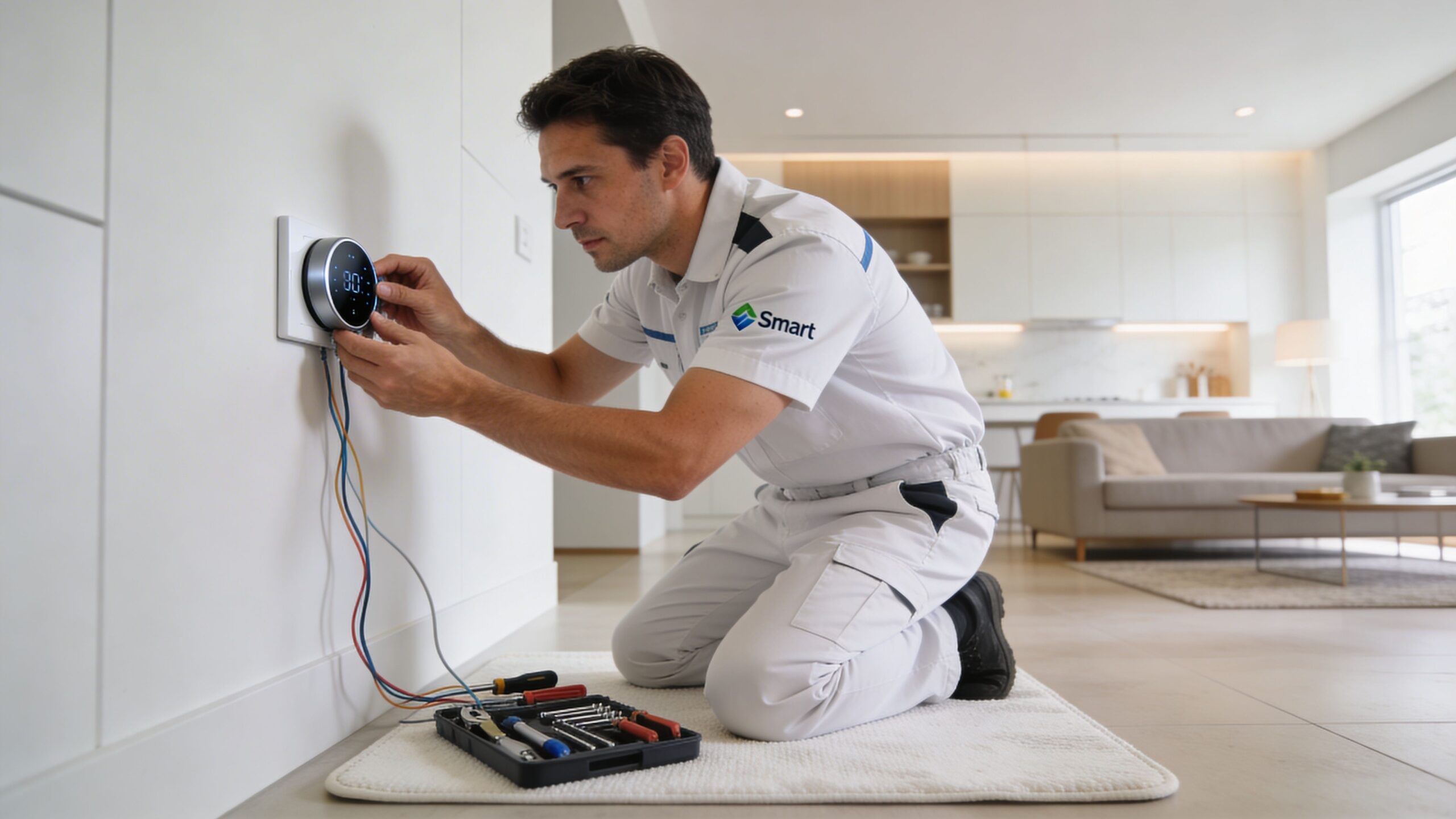 A professional technician in a uniform installing a modern circular smart thermostat on a white wall.