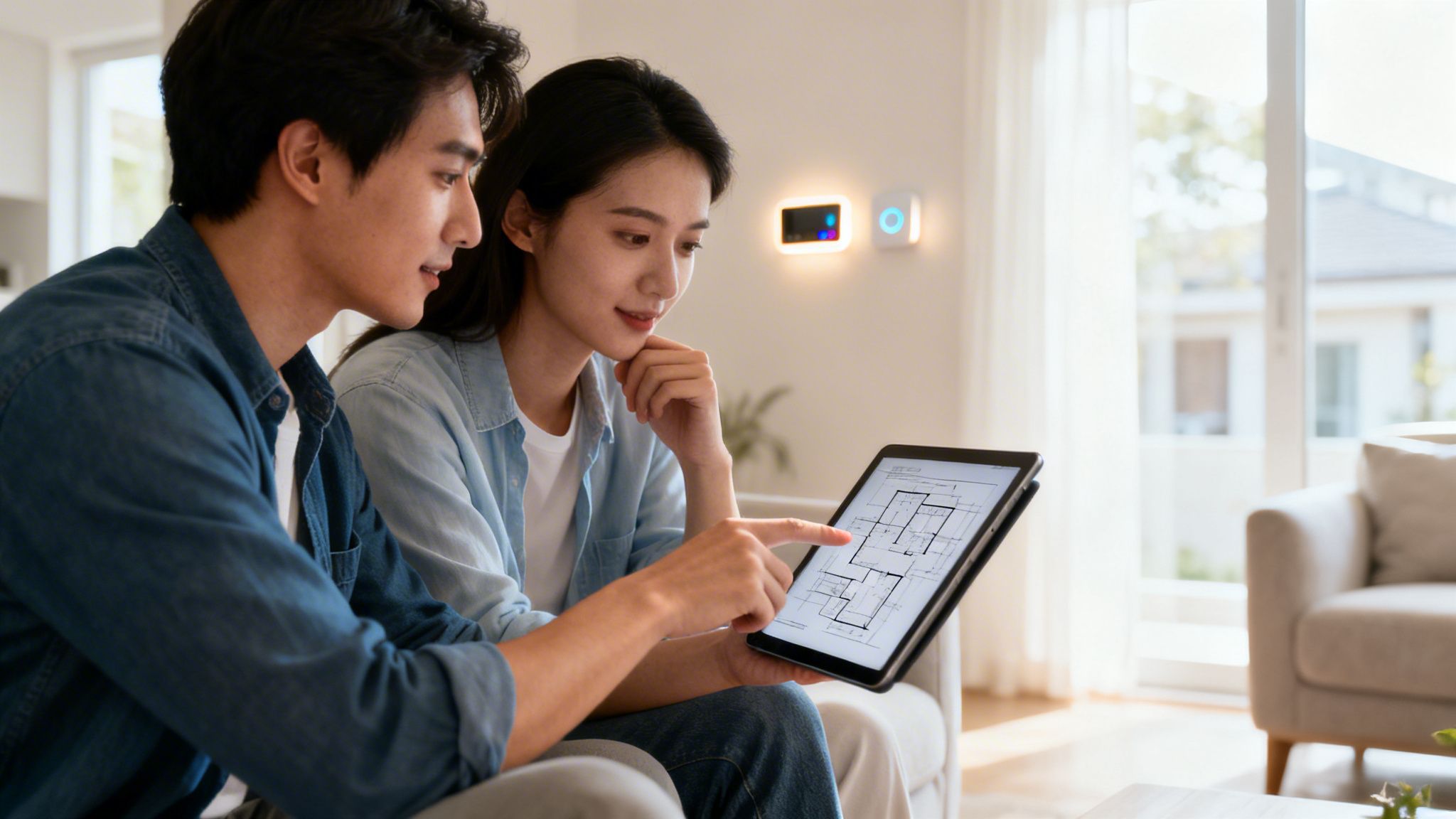 A young Asian couple sitting on a sofa looking at a home floor plan on a tablet.
