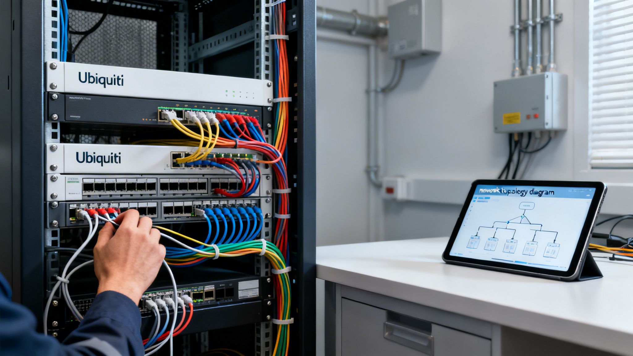 A professional technician configuring network equipment and server racks while viewing a topology diagram on a tablet.