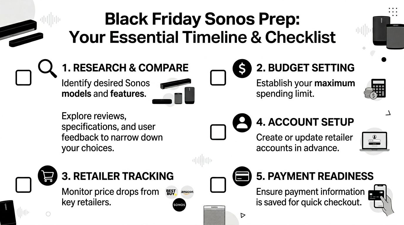A checklist graphic titled Black Friday Sonos Prep with five essential steps to prepare for sales.