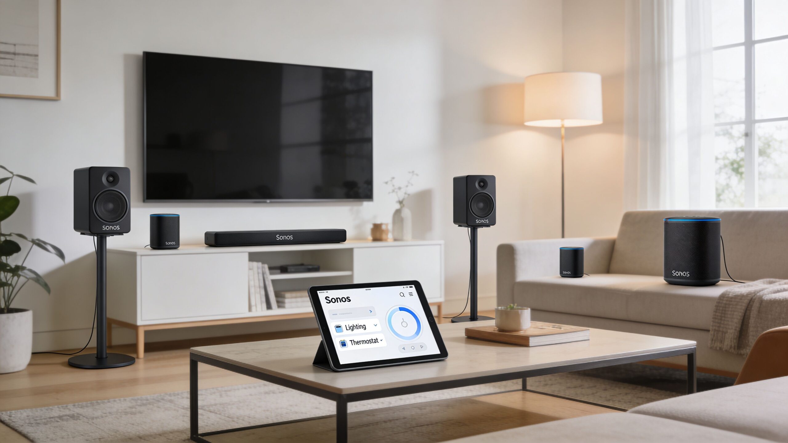 A modern living room featuring various Sonos speakers and a tablet displaying a home automation control interface.
