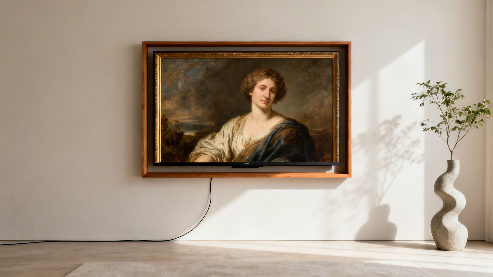 A large TV displaying a classical painting of a woman, framed by a wooden bezel, on a beige wall next to a plant.