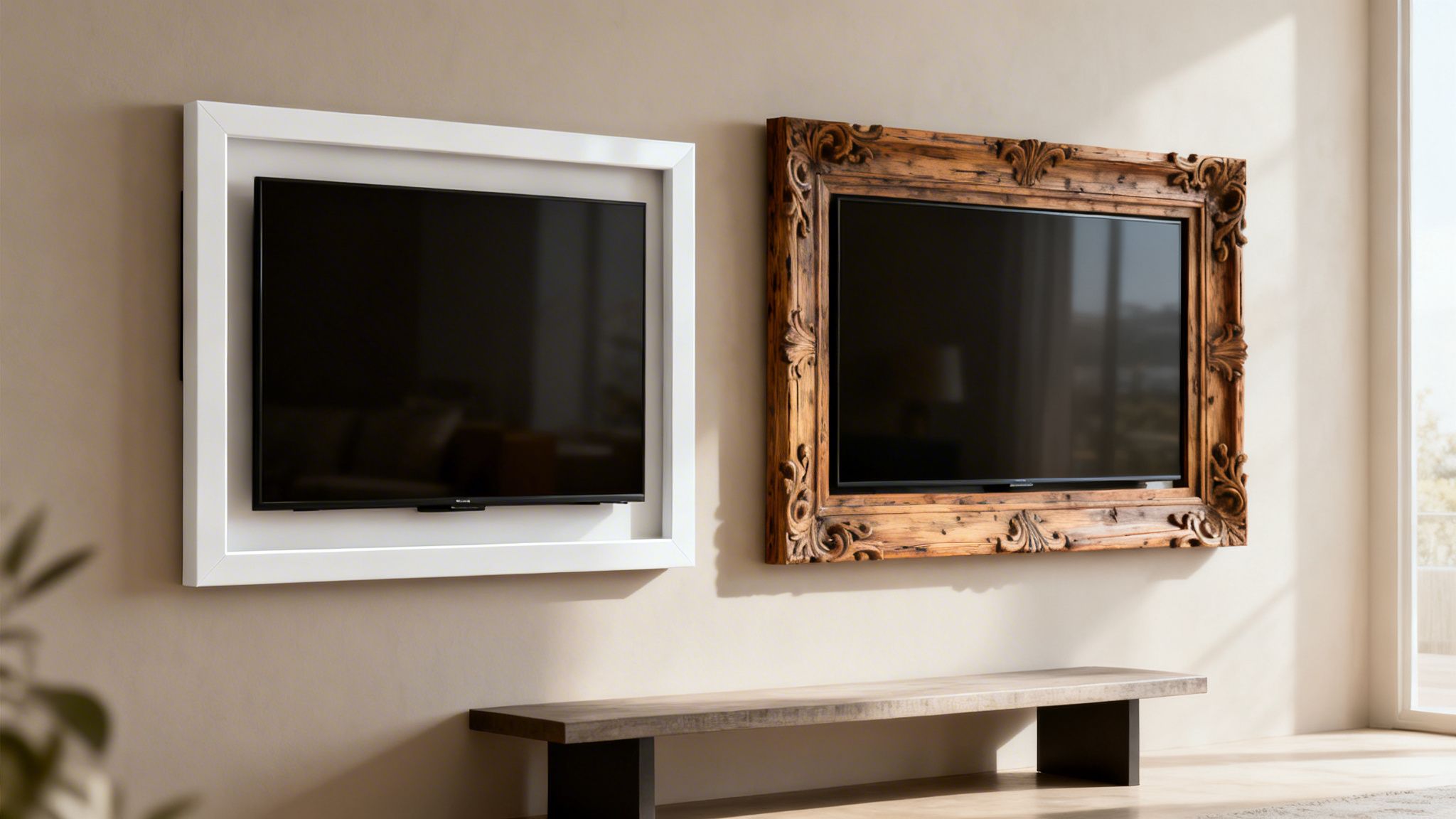 Two televisions, one with a white modern frame and one with a carved wooden frame, mounted above a minimalist bench.